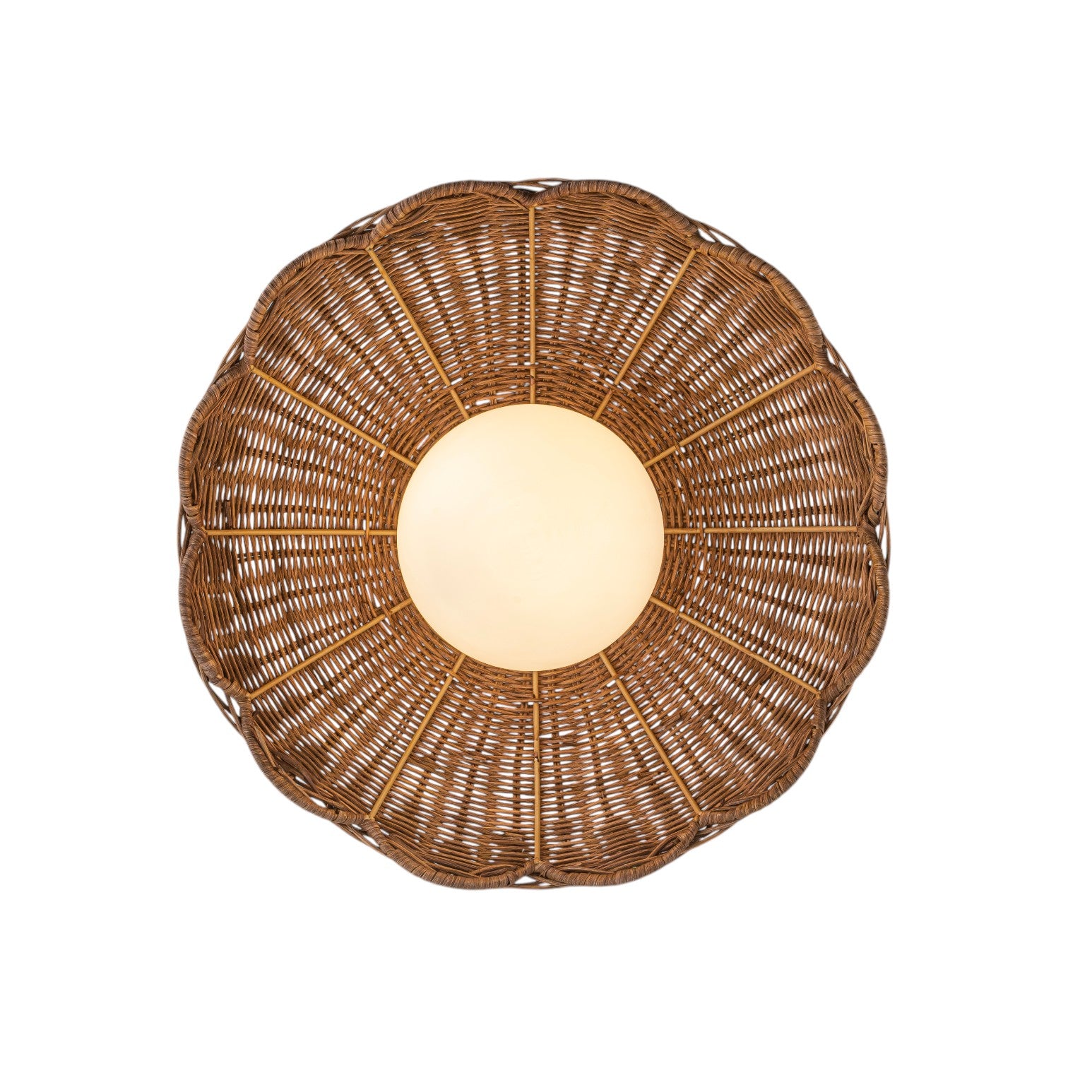 Glowlings 1-Light Boho Handwoven Rattan Flush Mount Ceiling Light Woven Wicker Scalloped Wave Shade with Opal Glass Globe