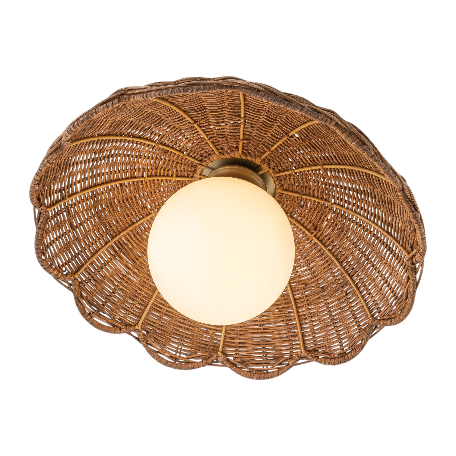Glowlings 1-Light Boho Handwoven Rattan Flush Mount Ceiling Light Woven Wicker Scalloped Wave Shade with Opal Glass Globe