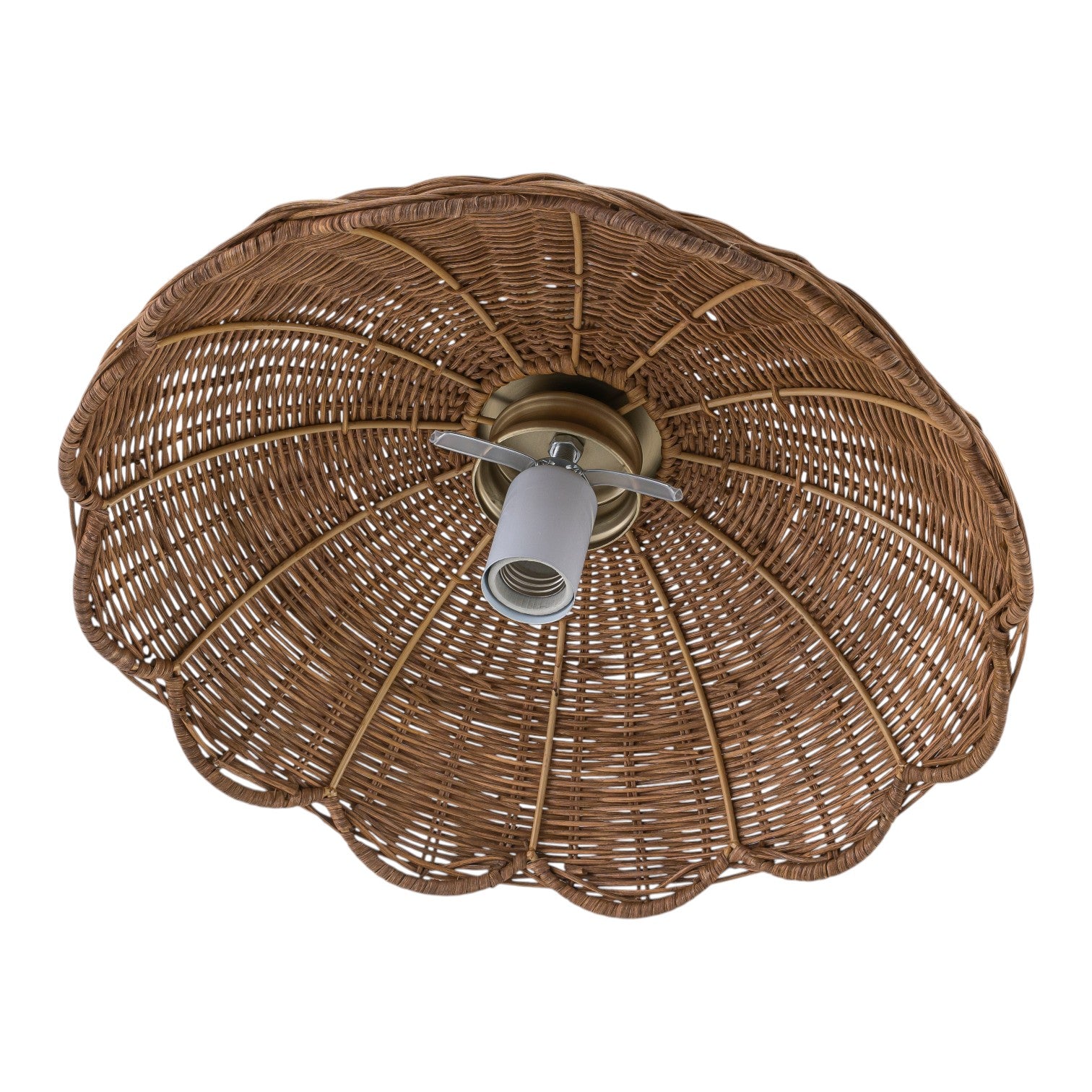 Glowlings 1-Light Boho Handwoven Rattan Flush Mount Ceiling Light Woven Wicker Scalloped Wave Shade with Opal Glass Globe