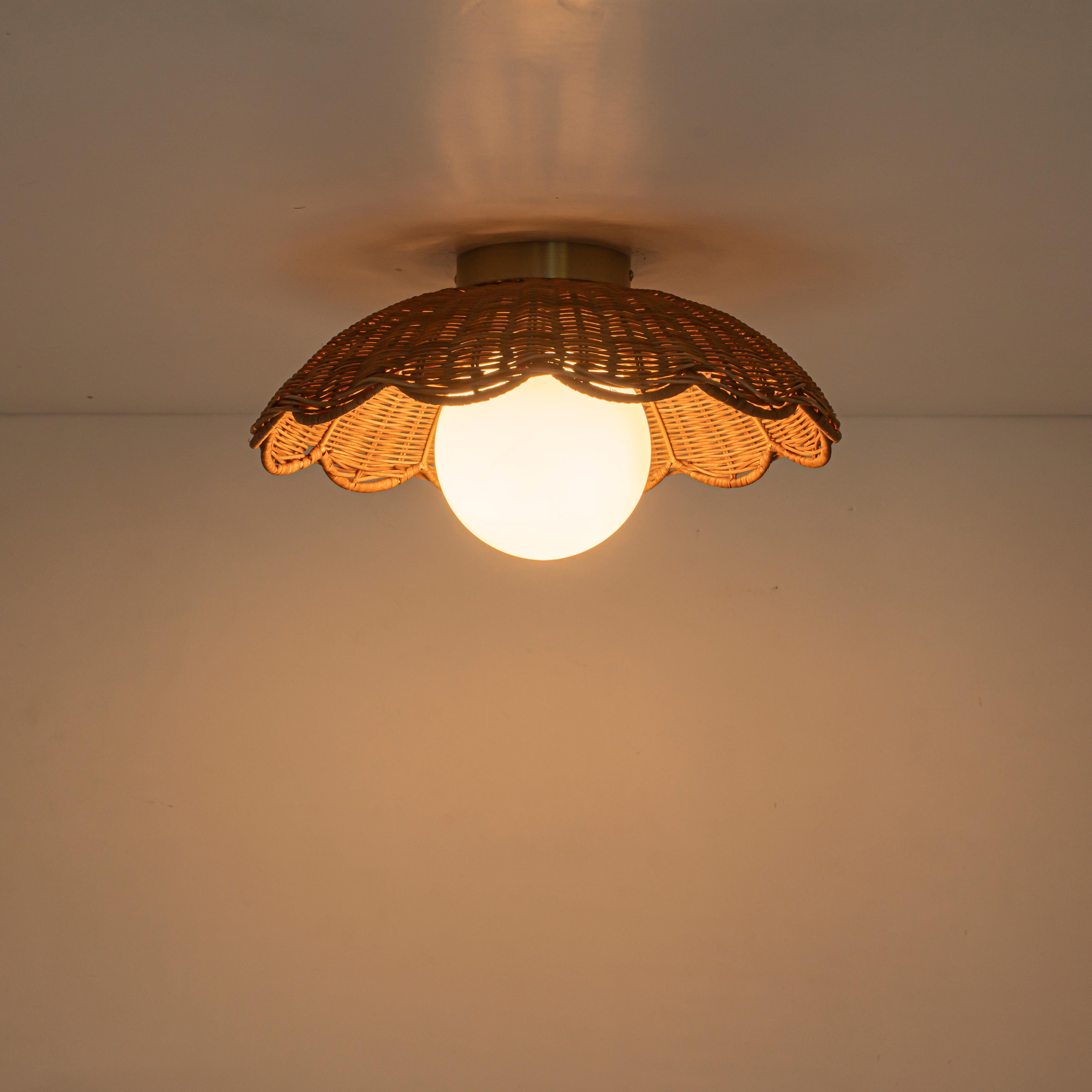 Glowlings 1-Light Boho Handwoven Rattan Flush Mount Ceiling Light Woven Wicker Scalloped Wave Shade with Opal Glass Globe