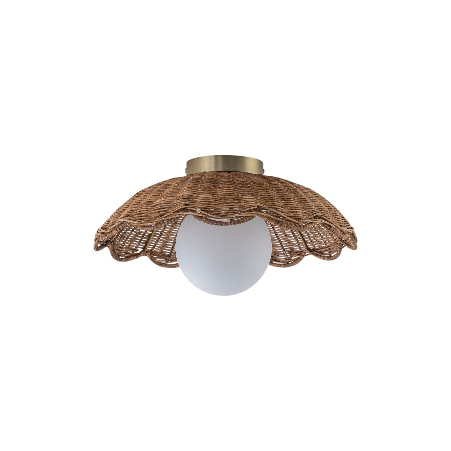 Glowlings 1-Light Boho Handwoven Rattan Flush Mount Ceiling Light Woven Wicker Scalloped Wave Shade with Opal Glass Globe