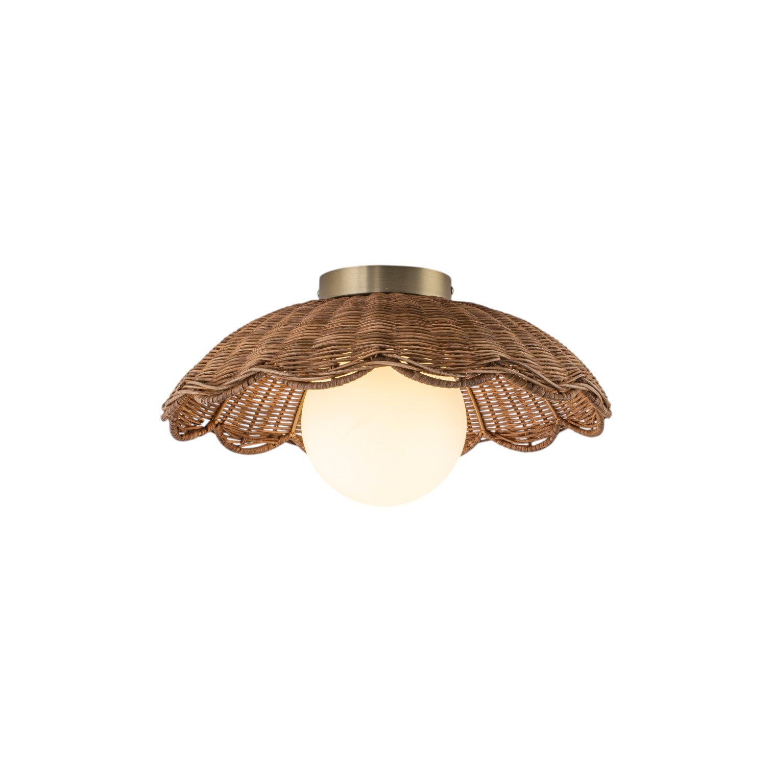 Glowlings 1-Light Boho Handwoven Rattan Flush Mount Ceiling Light Woven Wicker Scalloped Wave Shade with Opal Glass Globe