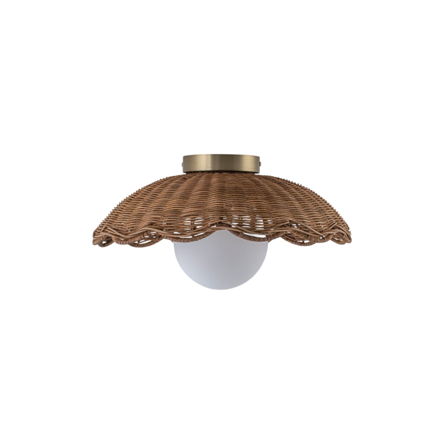 Glowlings 1-Light Boho Handwoven Rattan Flush Mount Ceiling Light Woven Wicker Scalloped Wave Shade with Opal Glass Globe