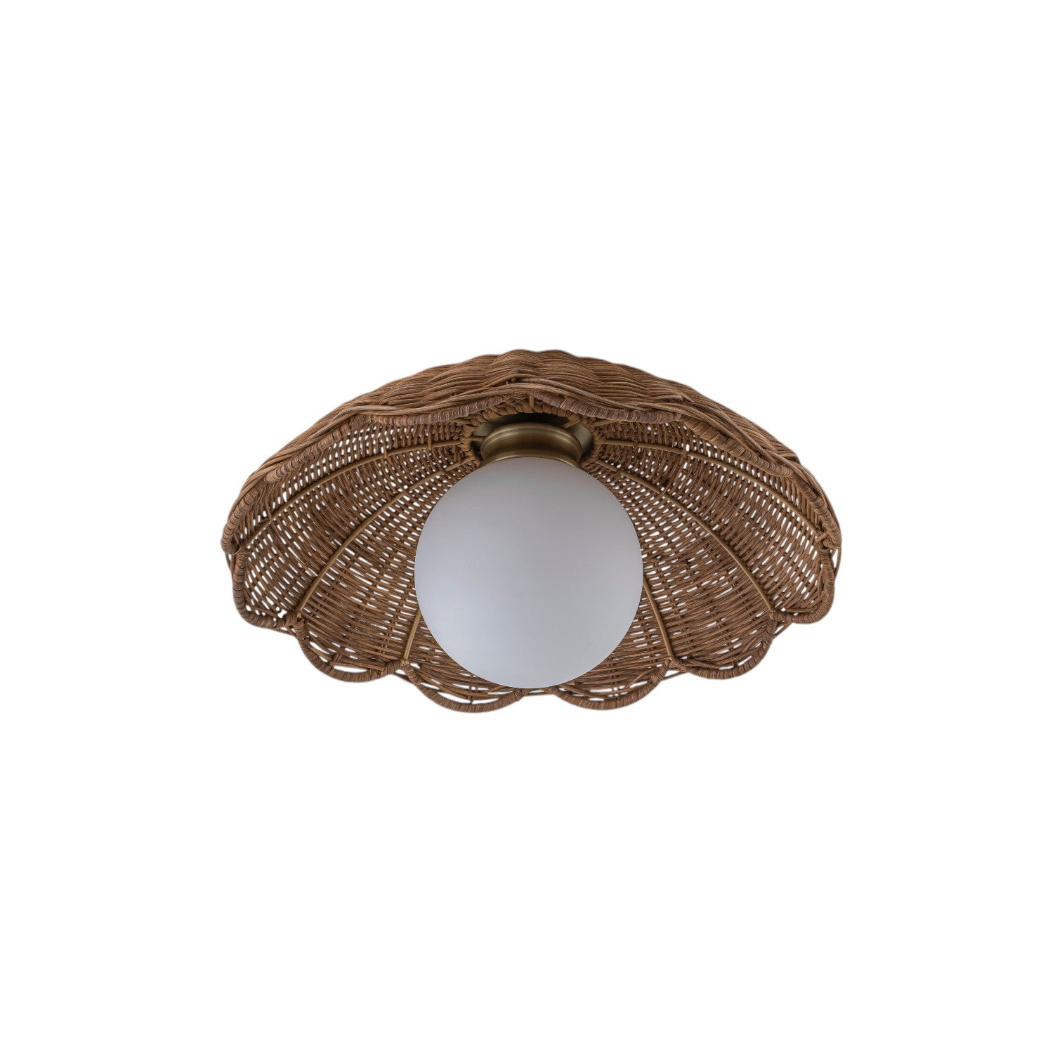 Glowlings 1-Light Boho Handwoven Rattan Flush Mount Ceiling Light Woven Wicker Scalloped Wave Shade with Opal Glass Globe