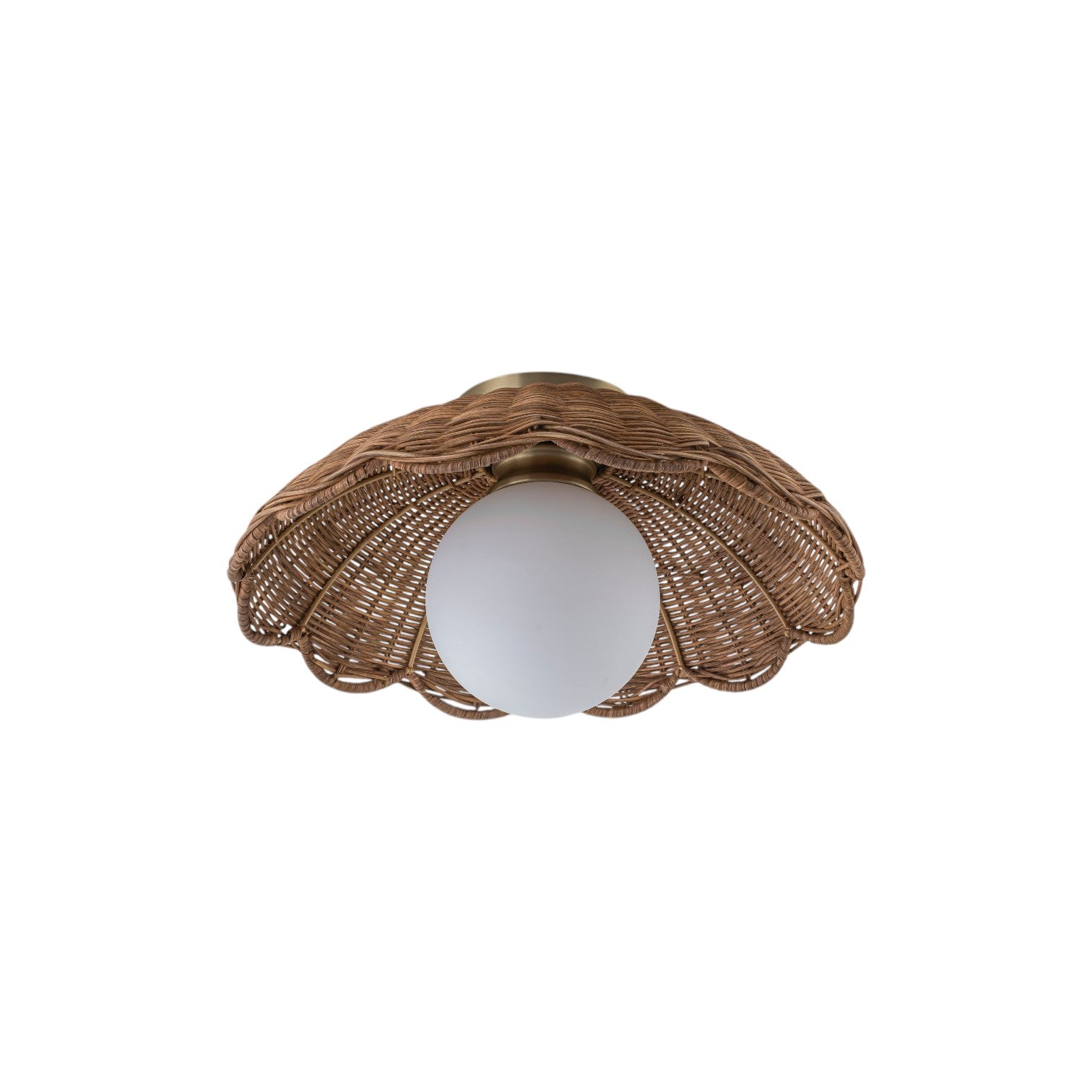 Glowlings 1-Light Boho Handwoven Rattan Flush Mount Ceiling Light Woven Wicker Scalloped Wave Shade with Opal Glass Globe