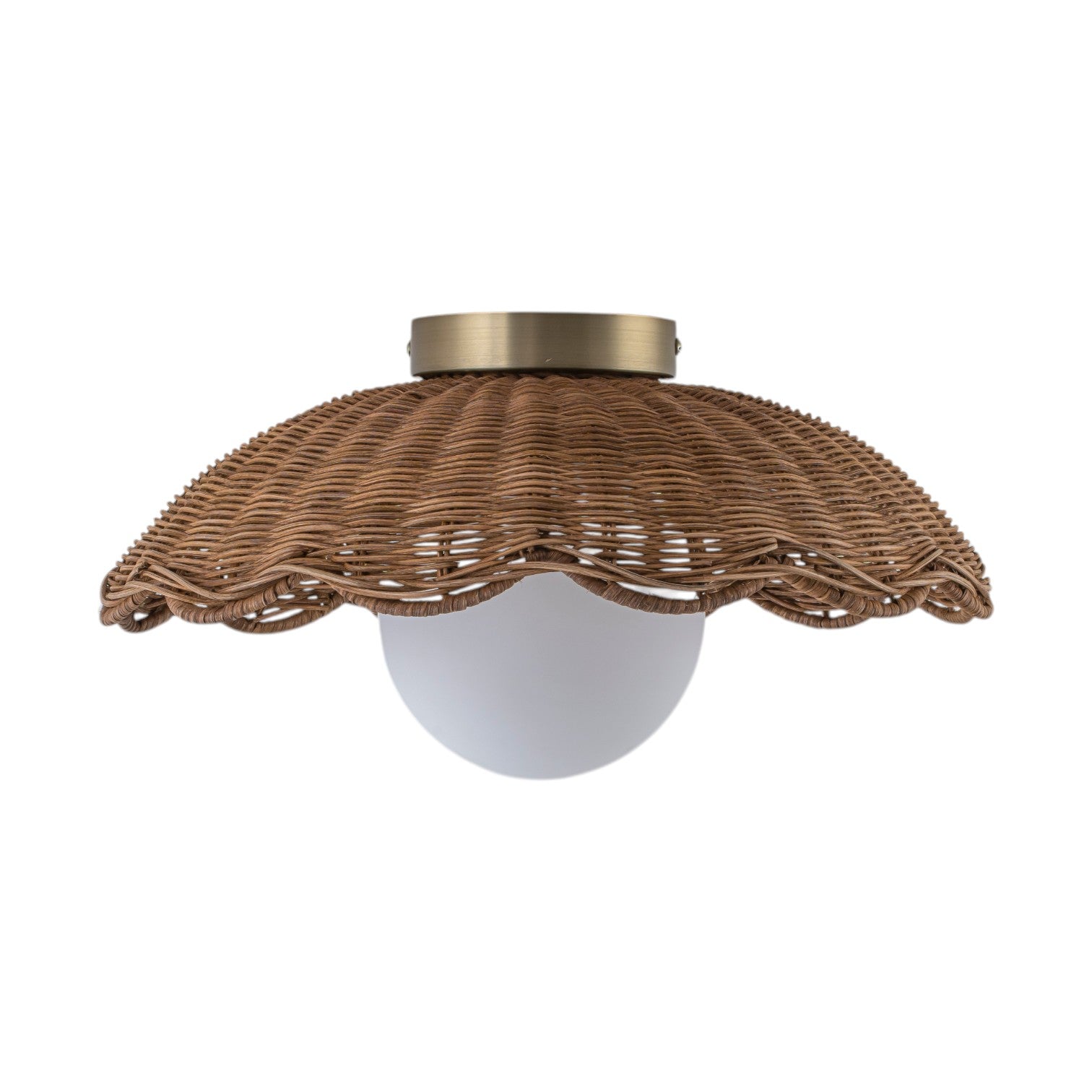 Glowlings 1-Light Boho Handwoven Rattan Flush Mount Ceiling Light Woven Wicker Scalloped Wave Shade with Opal Glass Globe