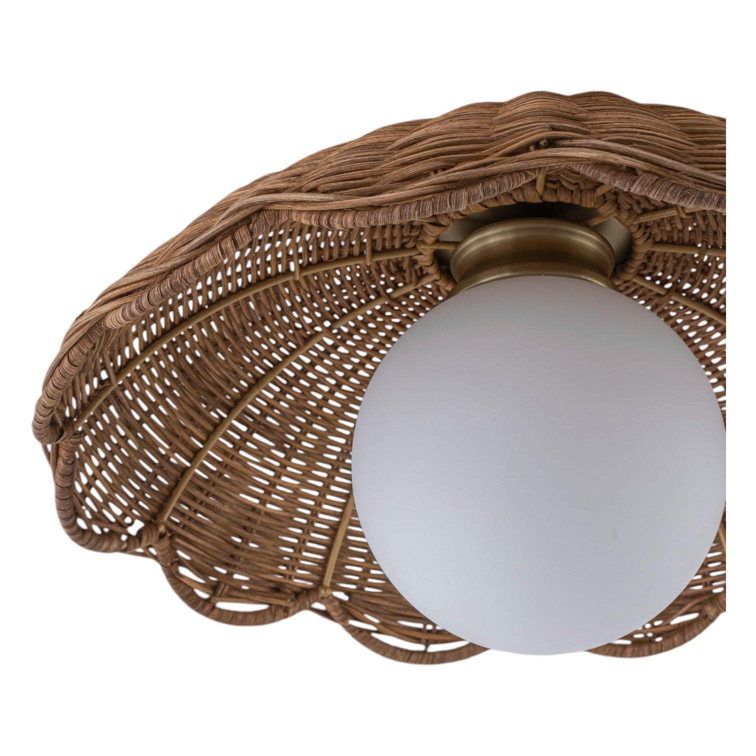 Glowlings 1-Light Boho Handwoven Rattan Flush Mount Ceiling Light Woven Wicker Scalloped Wave Shade with Opal Glass Globe