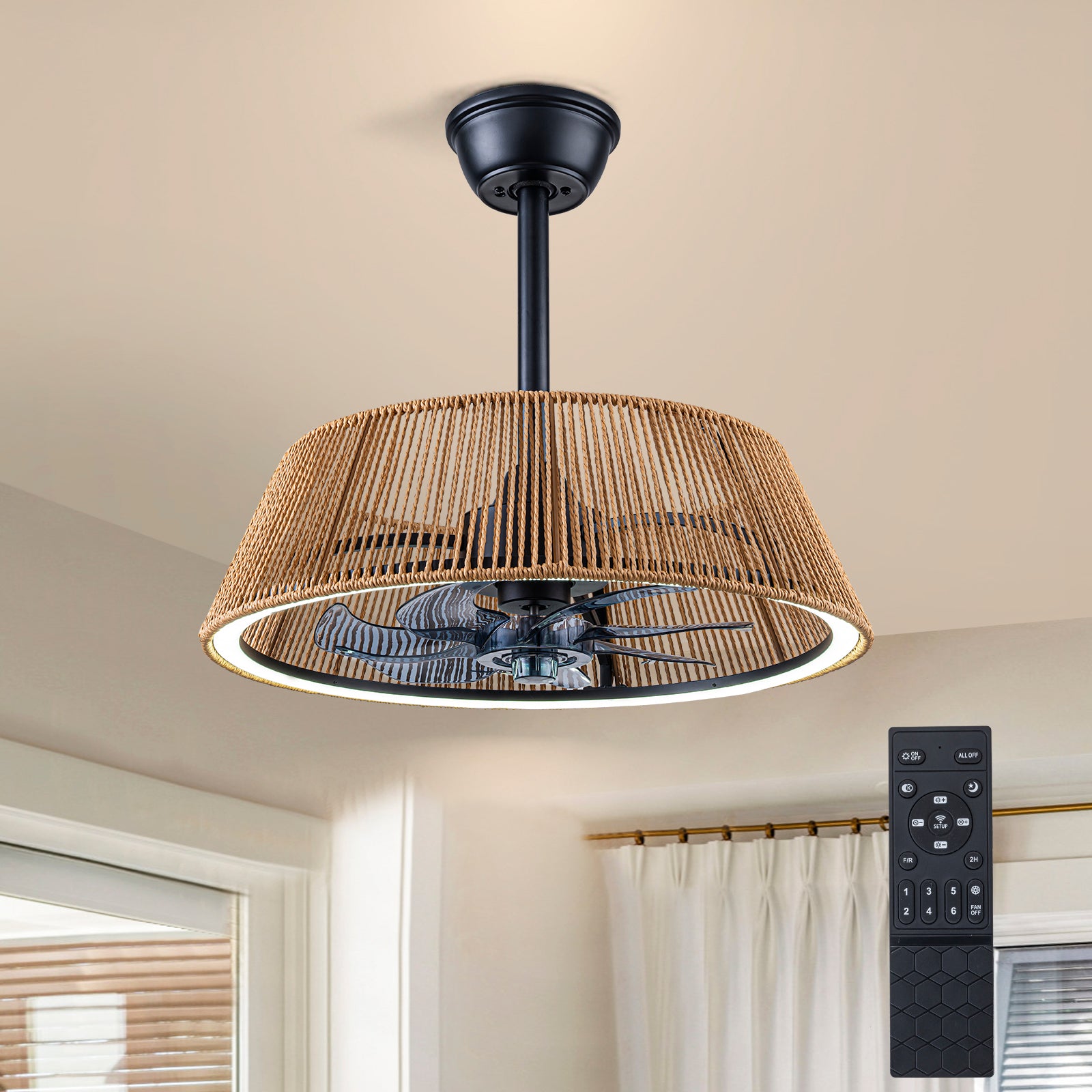 Glowlings 1-Light Boho Rattan Cone LED Ceiling Fan with Light 6-Speed DC Motor Remote