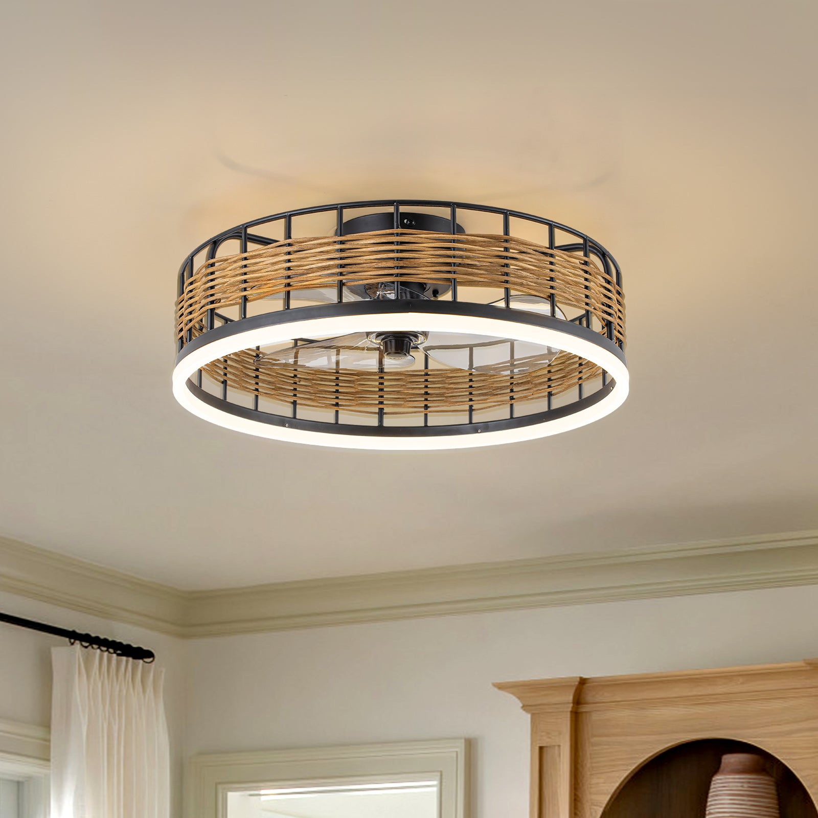 Glowlings Boho Chic Rattan Ceiling Fan with Light - Low Profile Smart Fandelier with Remote & App Control, Integrated LED Flush Mount Fan