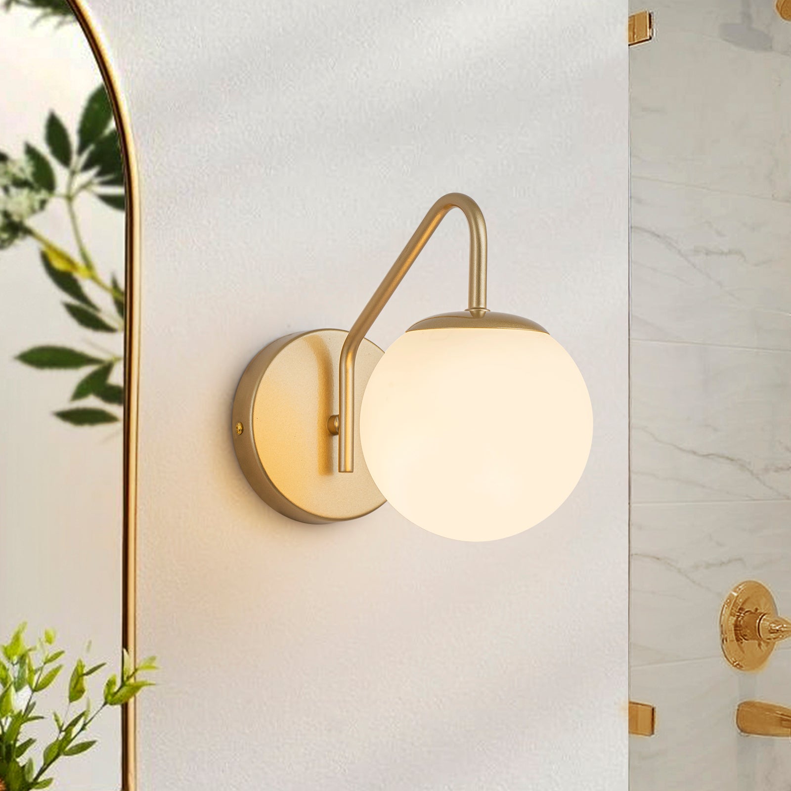 Glowlings Modern 1-Light Brass Globe Opal Glass Bathroom Wall Sconce
