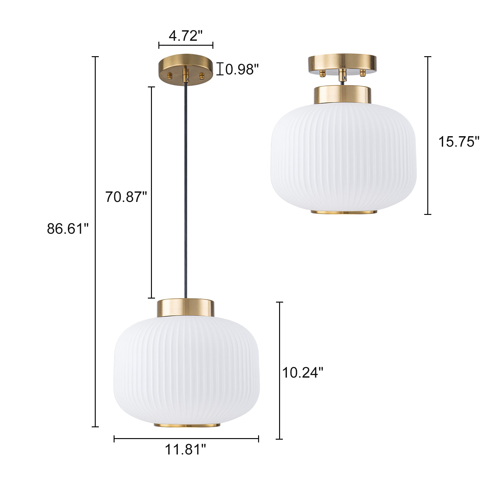 Glowlings Modern 1-Light Brushed Brass Fluted Frosted Glass Globe Pendant Light for Kitchen Island