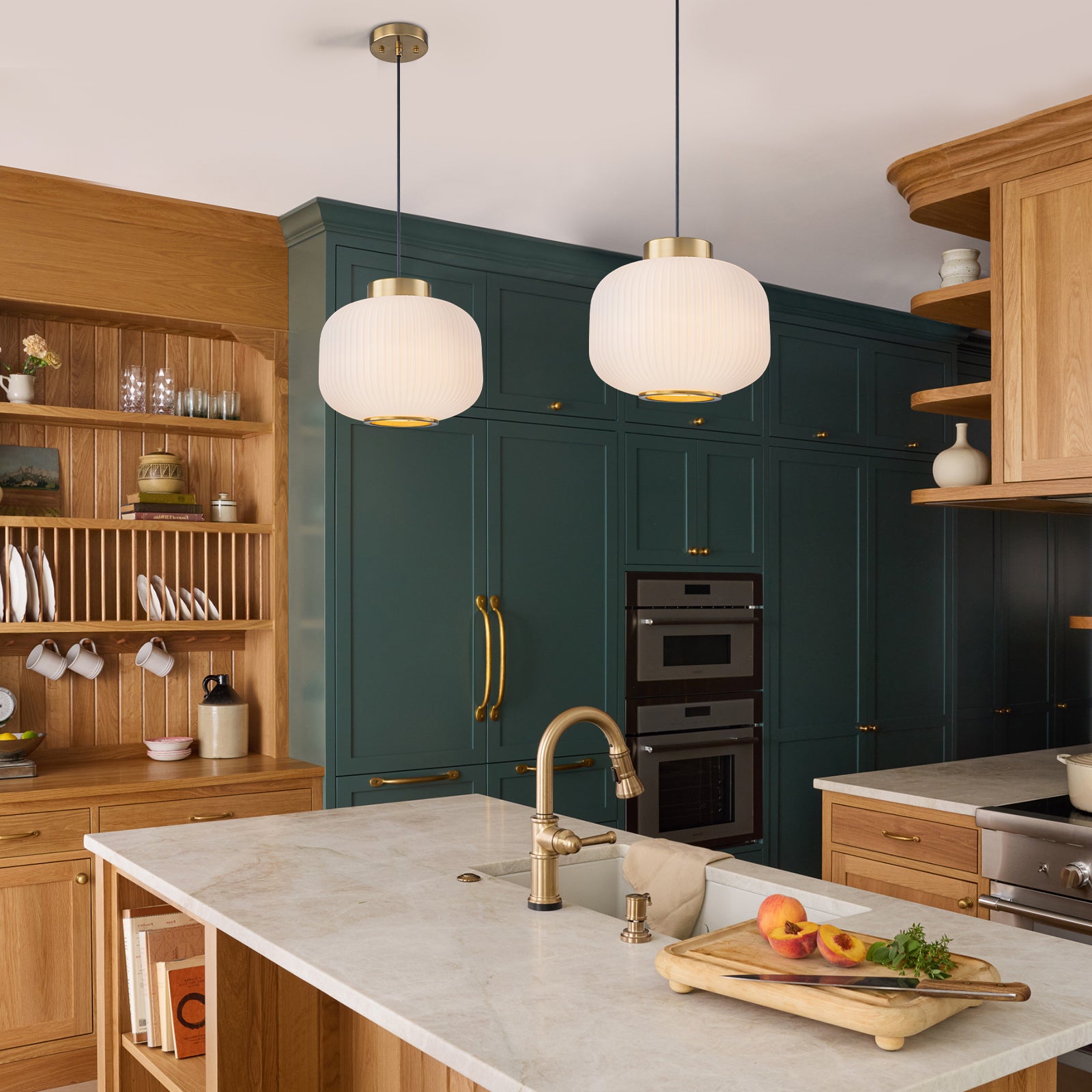 Glowlings Modern 1-Light Brushed Brass Fluted Frosted Glass Globe Pendant Light for Kitchen Island
