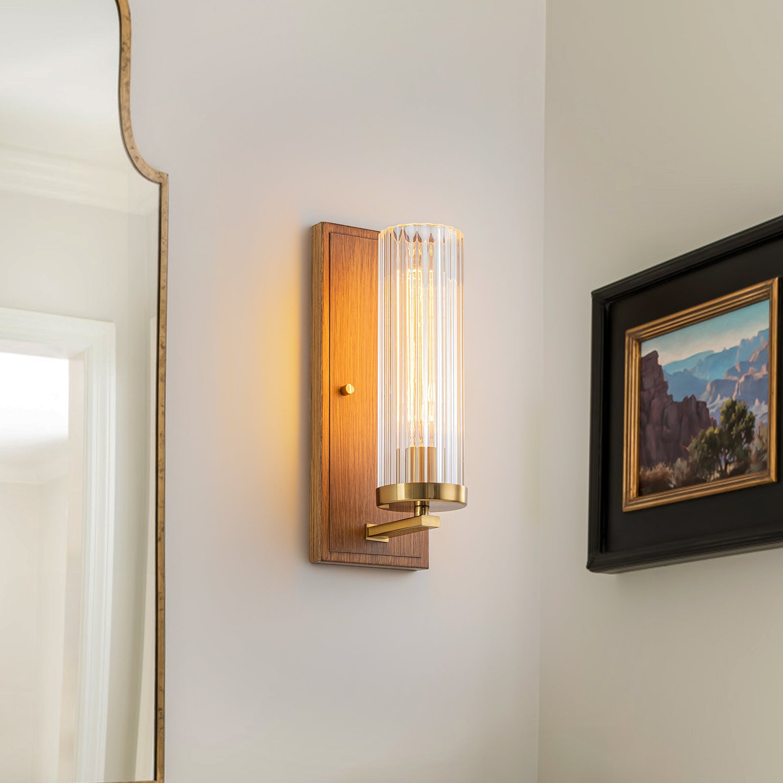 Glowlings 1-Light Brushed Gold Indoor Wood Wall Sconce with Cylinder Ribbed Fluted Glass Shade