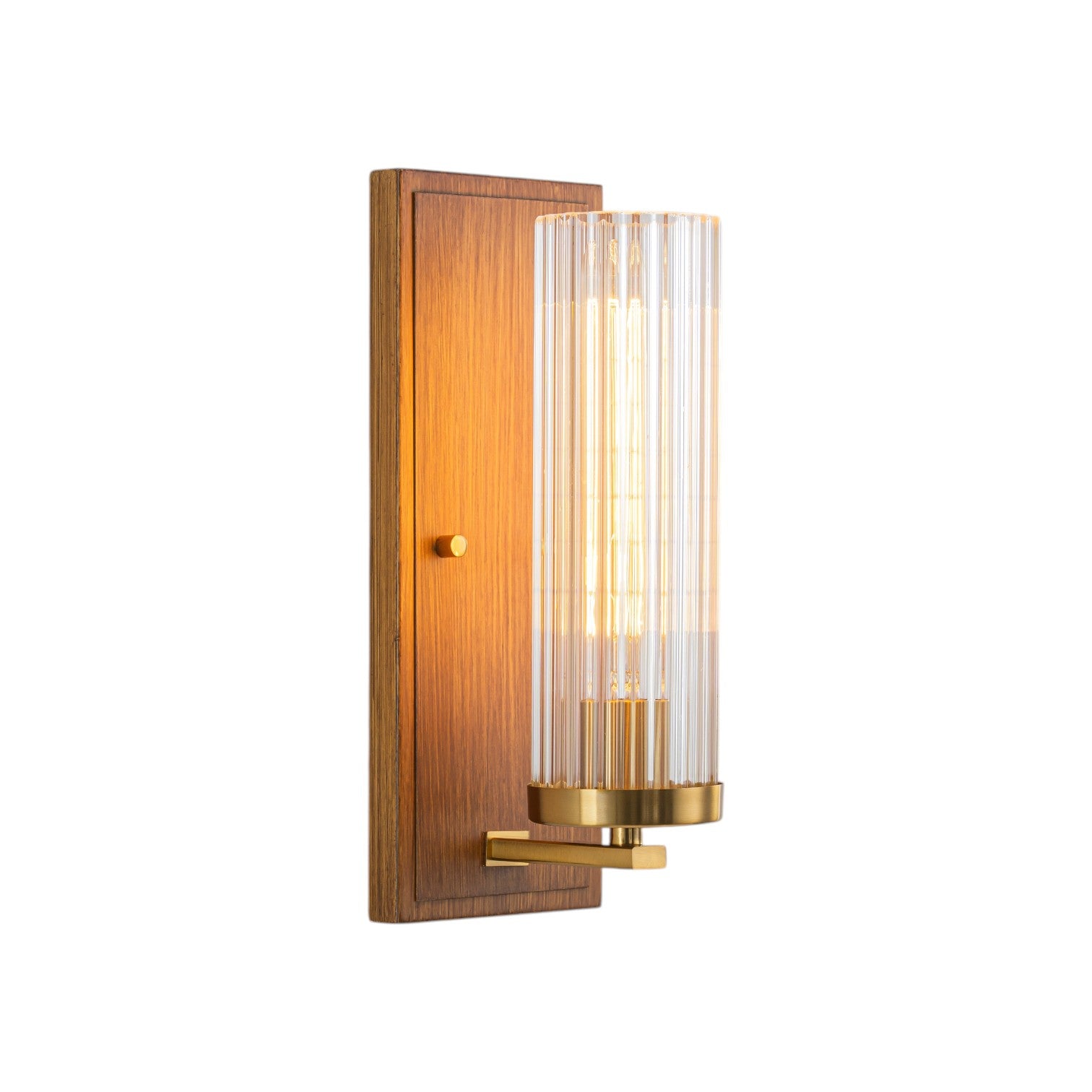 Glowlings 1-Light Brushed Gold Indoor Wood Wall Sconce with Cylinder Ribbed Fluted Glass Shade