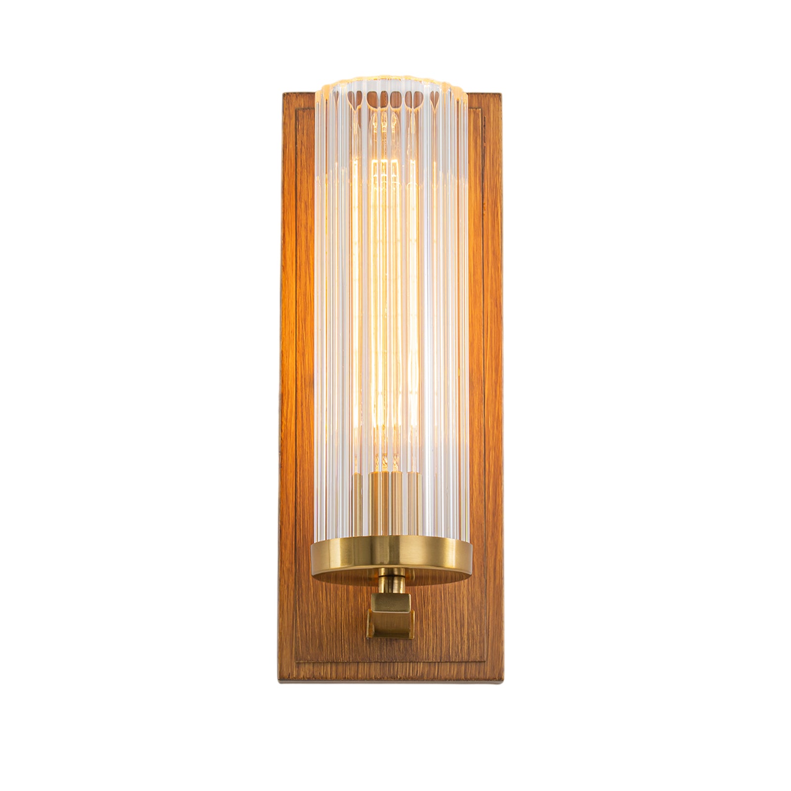 Glowlings 1-Light Brushed Gold Indoor Wood Wall Sconce with Cylinder Ribbed Fluted Glass Shade