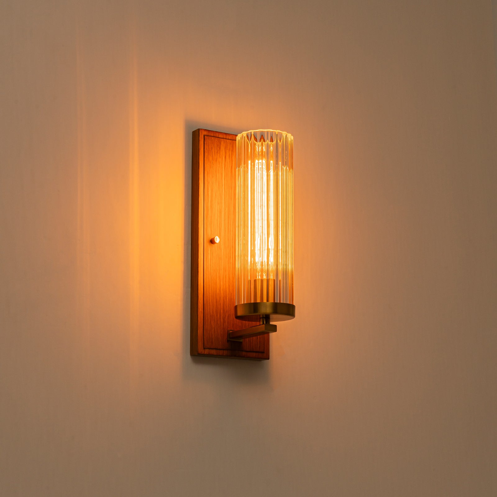 Glowlings 1-Light Brushed Gold Indoor Wood Wall Sconce with Cylinder Ribbed Fluted Glass Shade
