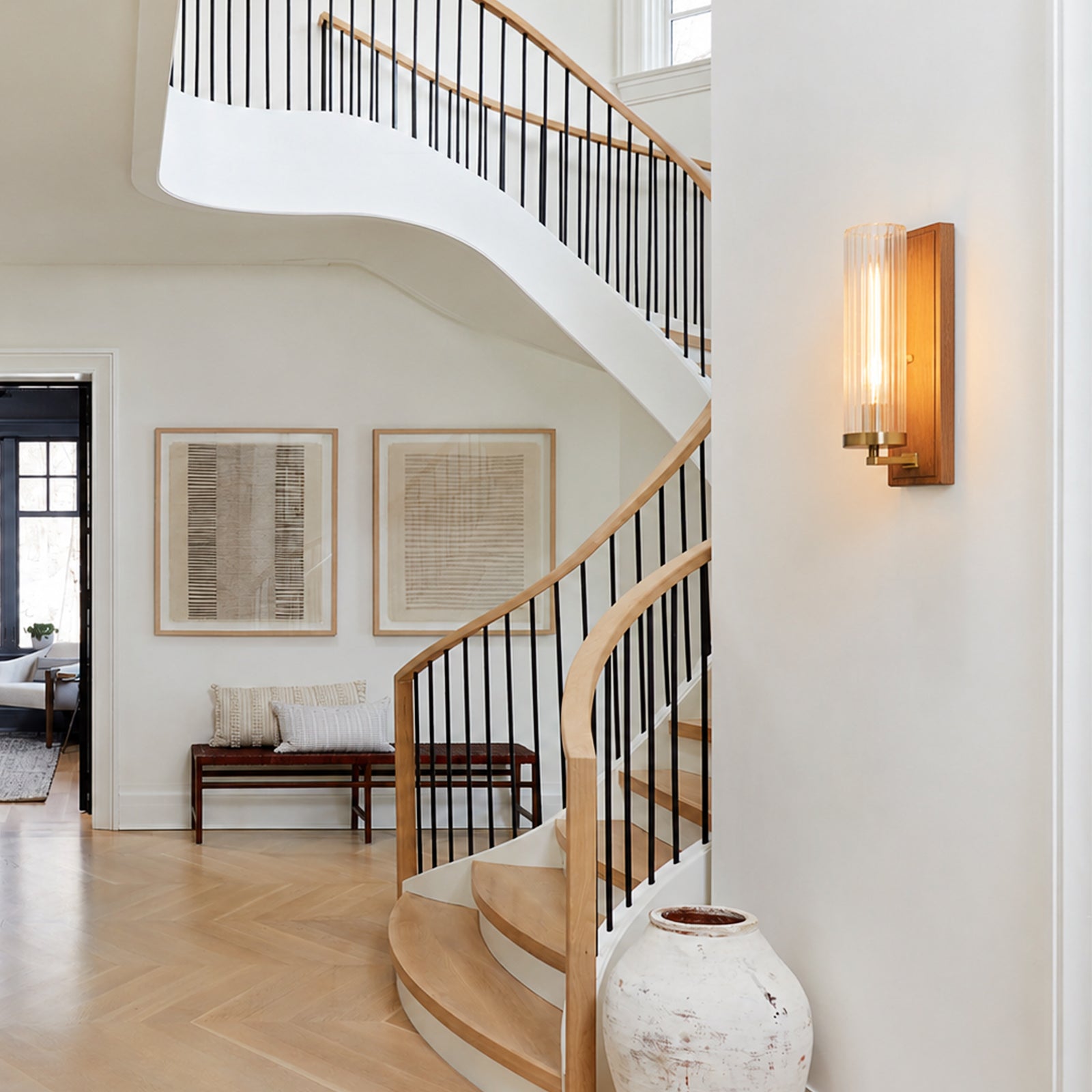 Glowlings 1-Light Brushed Gold Indoor Wood Wall Sconce with Cylinder Ribbed Fluted Glass Shade