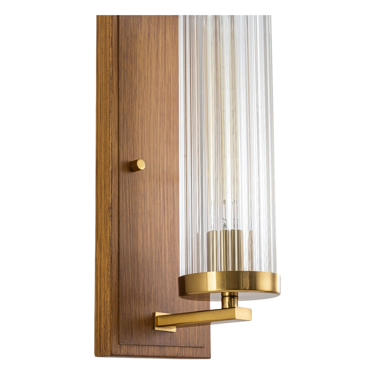 Glowlings 1-Light Brushed Gold Indoor Wood Wall Sconce with Cylinder Ribbed Fluted Glass Shade