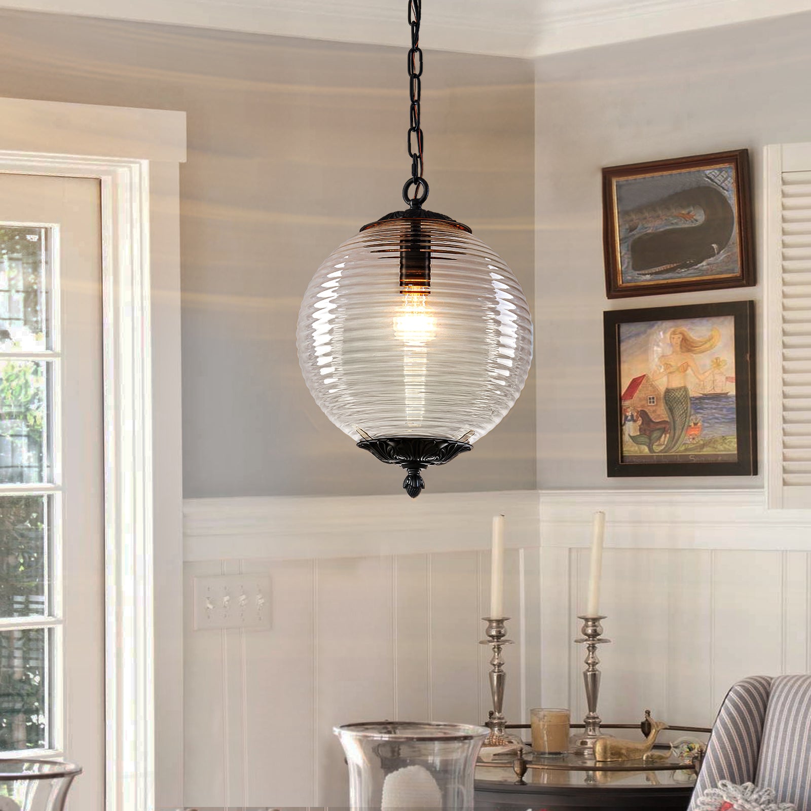 Glowlings 1-Light Classic Aged Brass/Black Clear Swirl Glass Globe Pendant Light