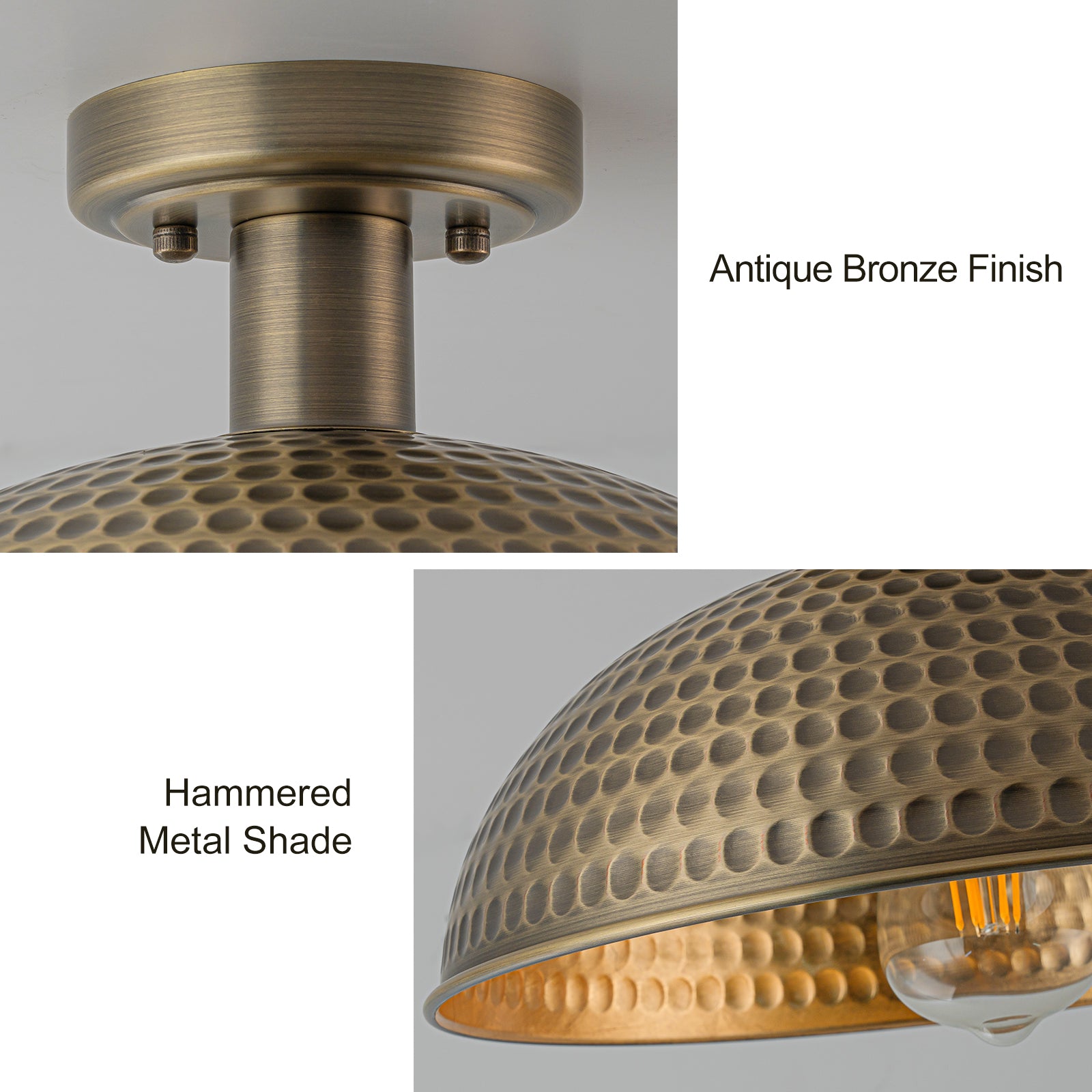Glowlings 1-Light Farmhouse 12"Wide Antique Bronze Hammered Dome Semi-Flush Mount Ceiling Light