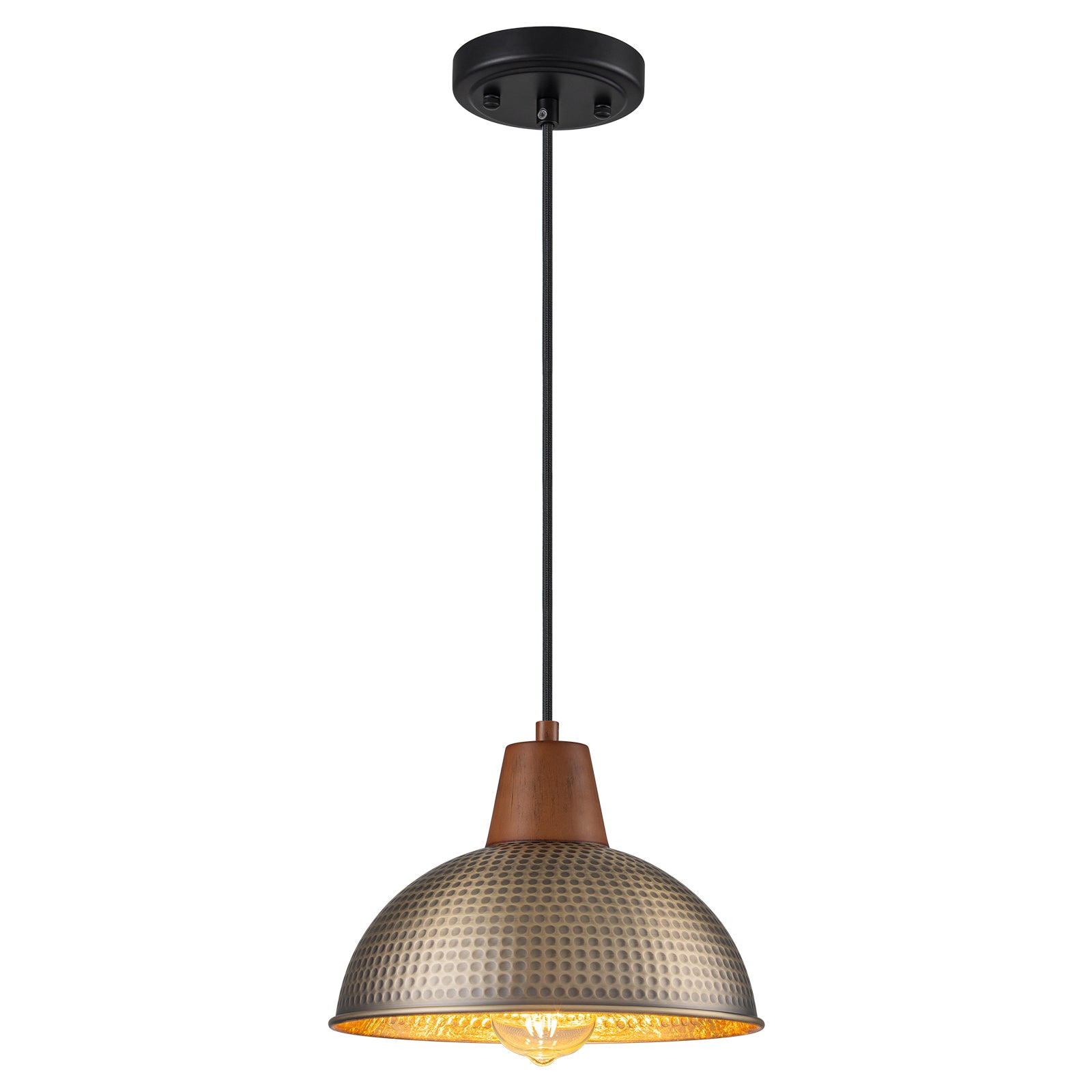 Glowlings 1-Light Farmhouse 10"Wide Antique Bronze Hammered Wood Dome Pendant Light Island Light