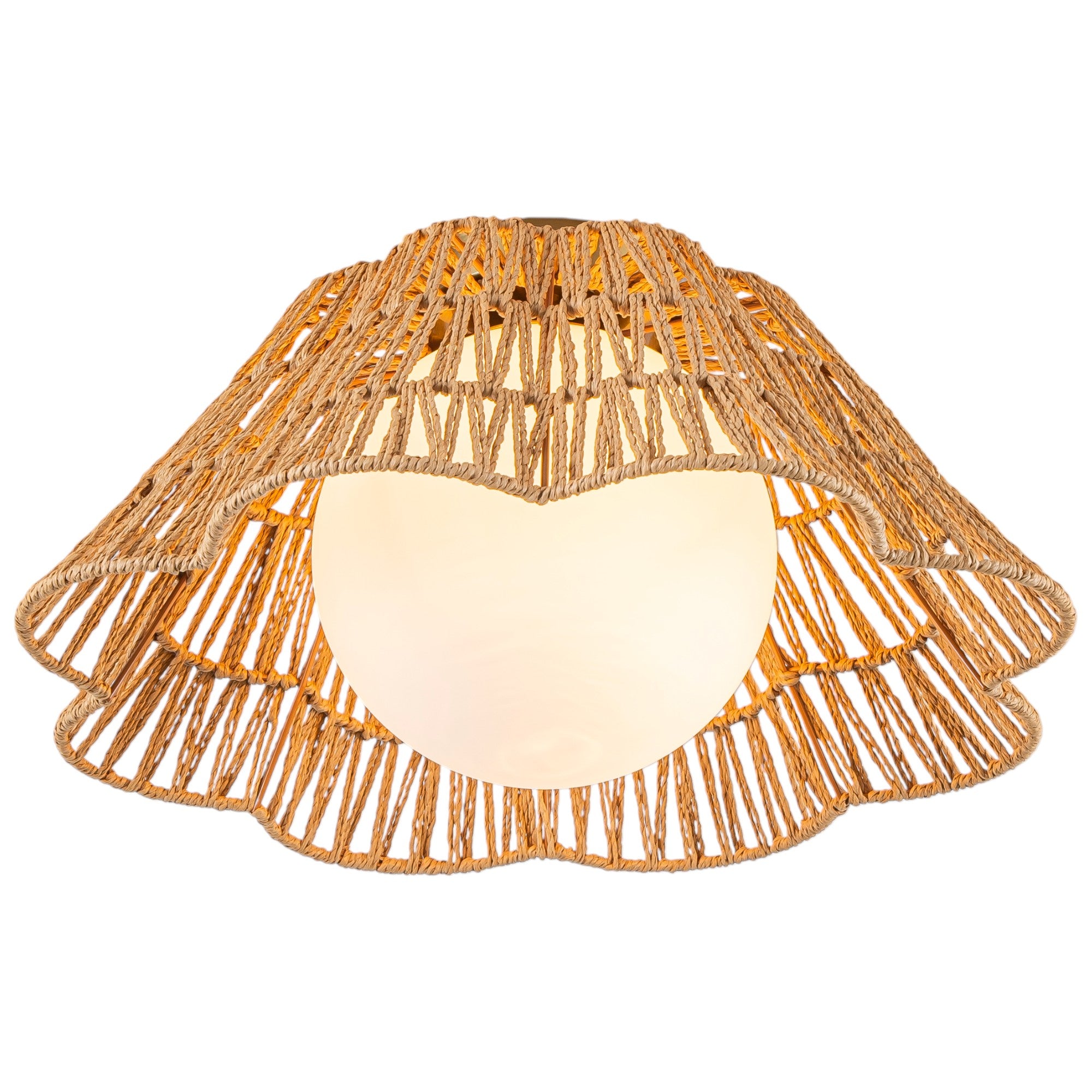 Glowlings 1-Light Farmhouse 18"Wide Brown Natural Rattan Flower Shaped Opal Glass Flush Mount