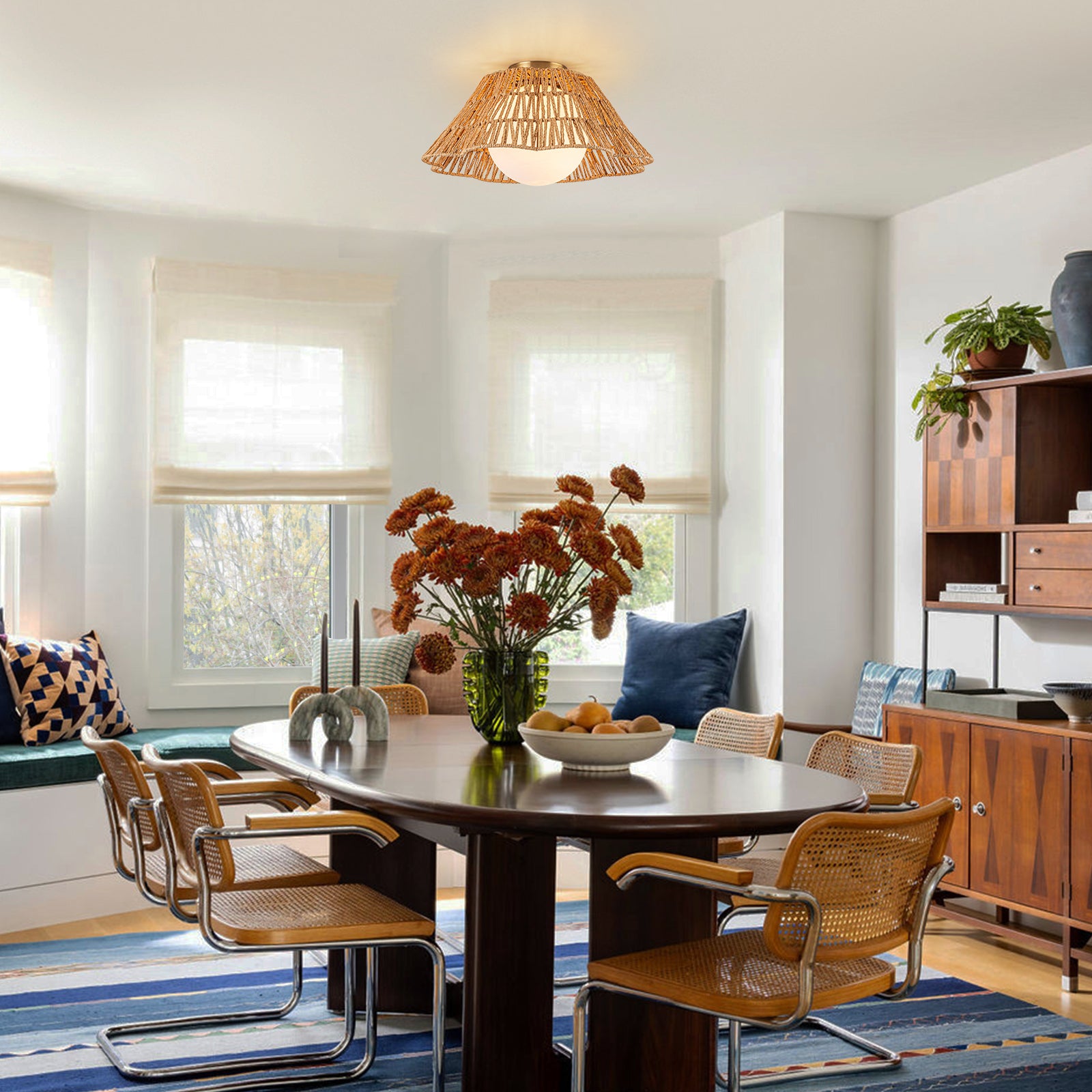 Glowlings 1-Light Farmhouse 18"Wide Brown Natural Rattan Flower Shaped Opal Glass Flush Mount