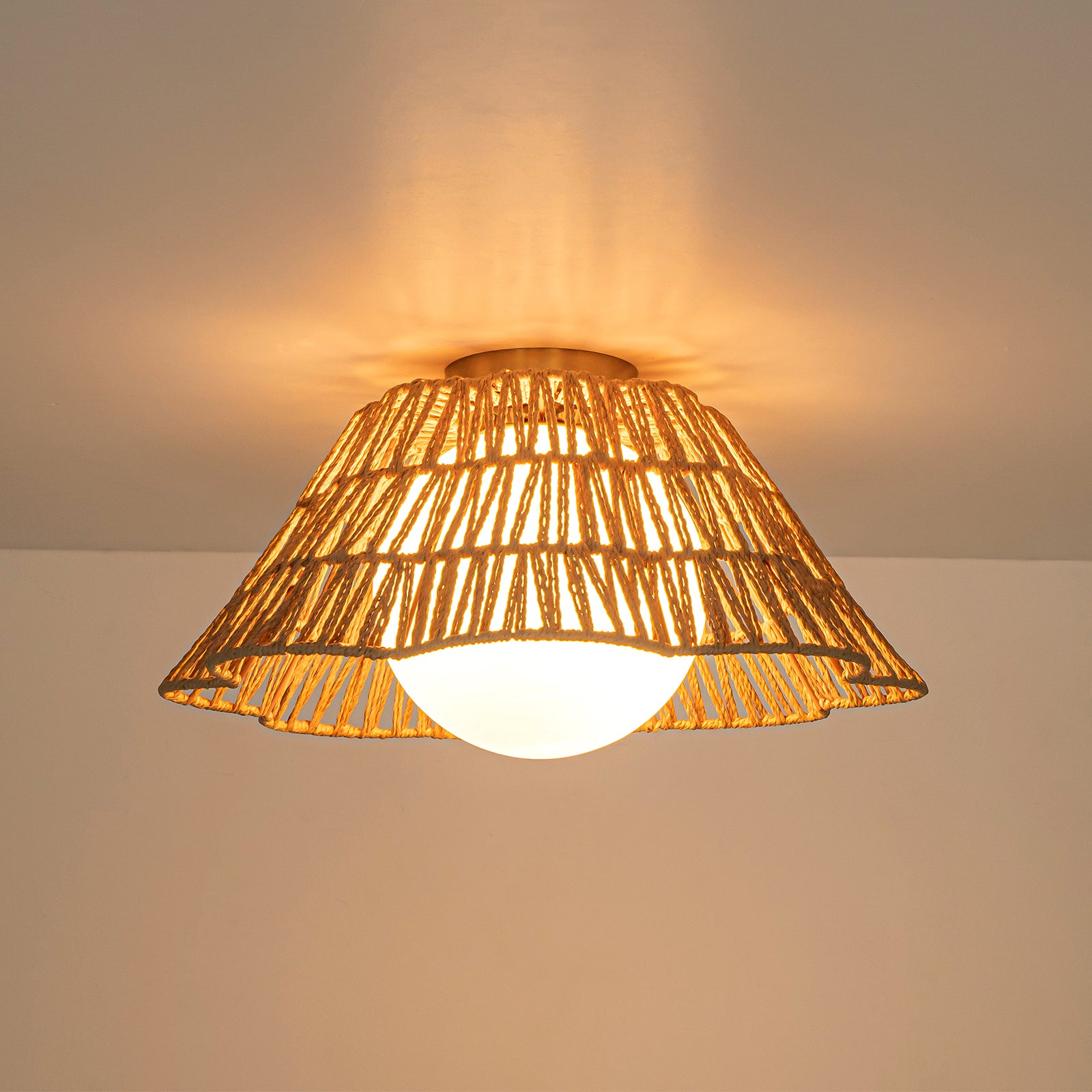 Glowlings 1-Light Farmhouse 18"Wide Brown Natural Rattan Flower Shaped Opal Glass Flush Mount