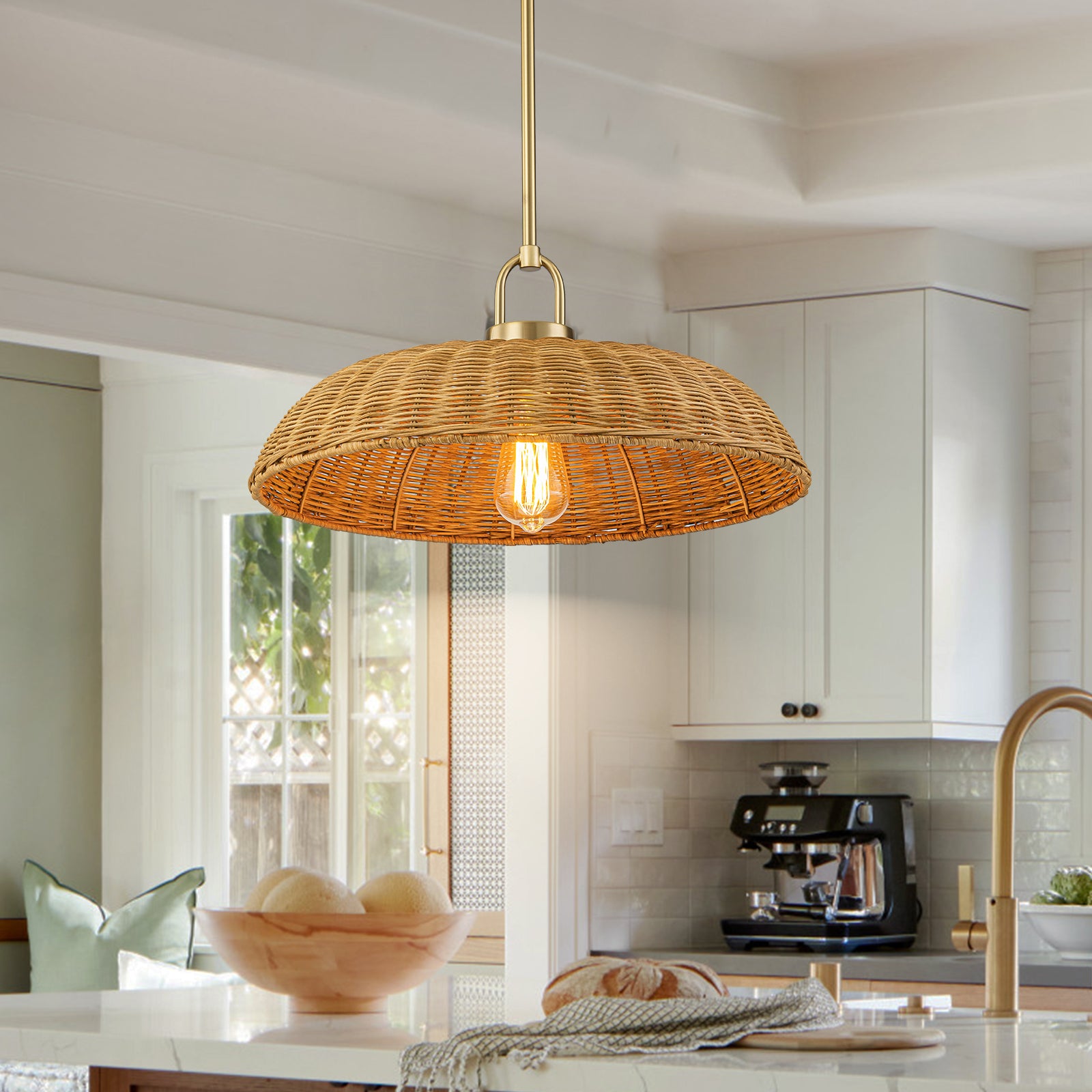 Glowlings 1-Light Farmhouse 18"Wide Dome Hand-Weave Rattan Pendant Light Island Light
