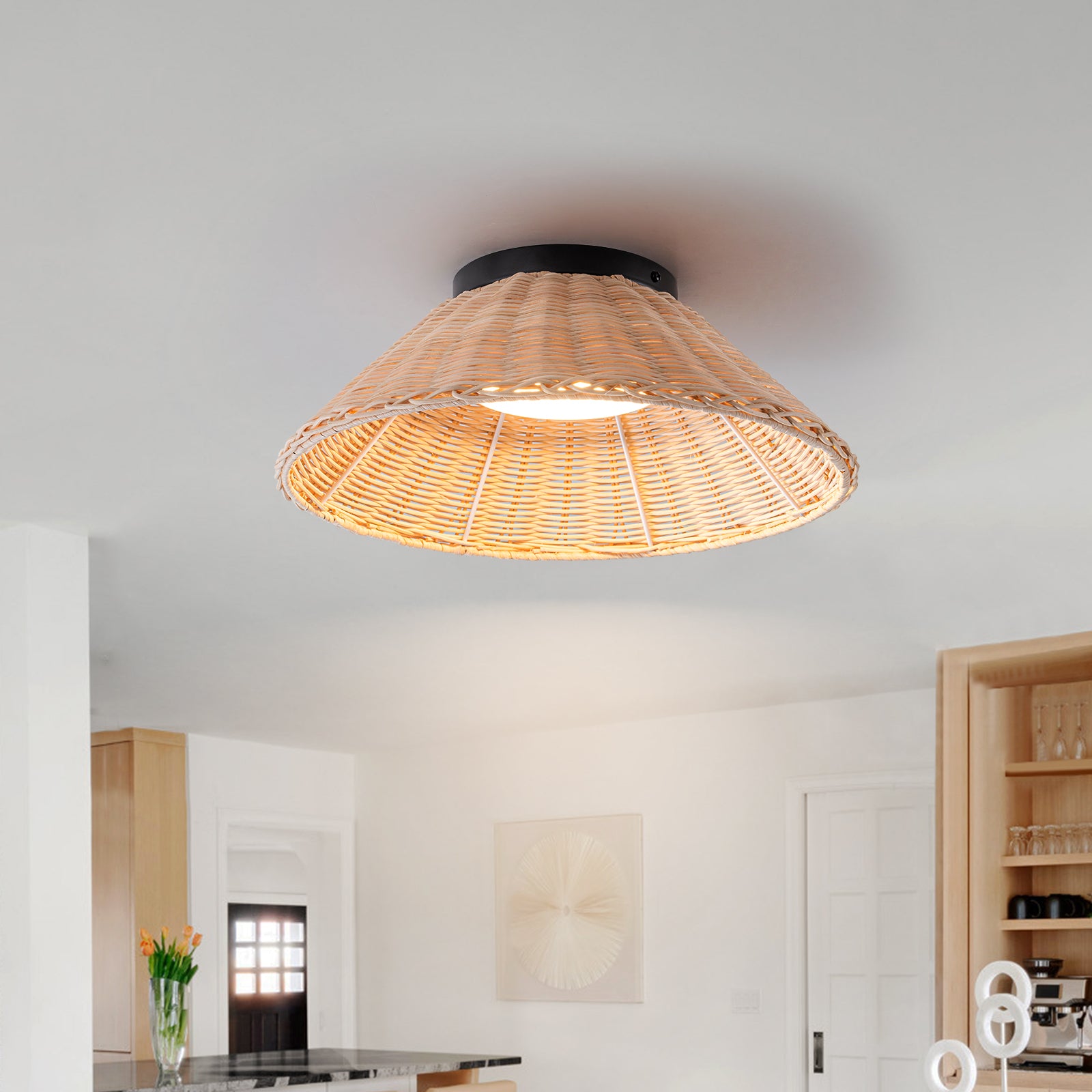 Glowlings 1-Light Farmhouse 14"Wide Dome Rattan LED Flush Mount Ceiling Light