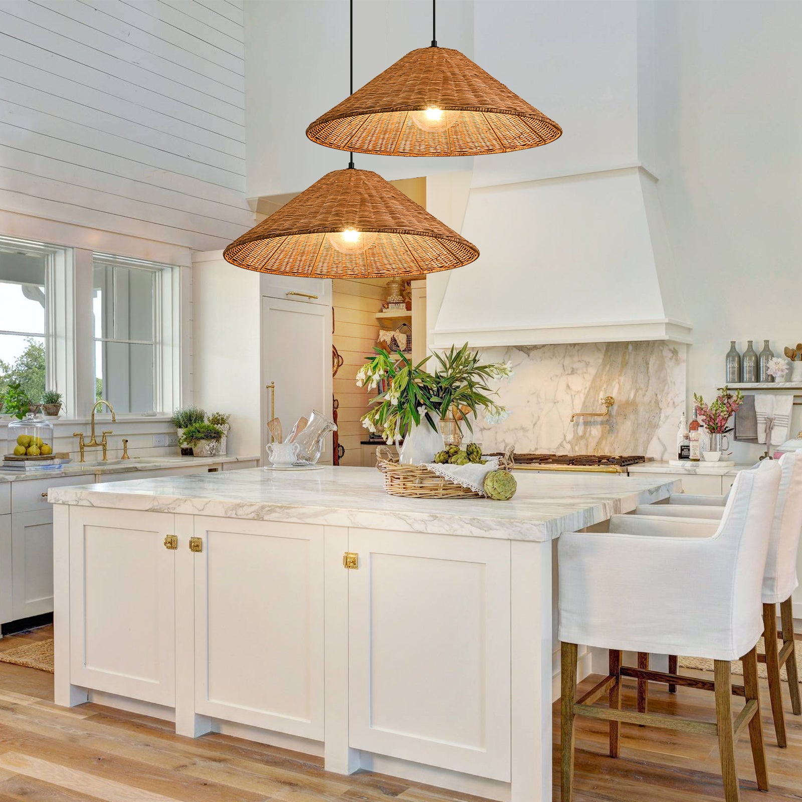 Glowlings 1-Light Farmhouse 24"Wide Large Straw Hat Hand-Weave Rattan Pendant Light