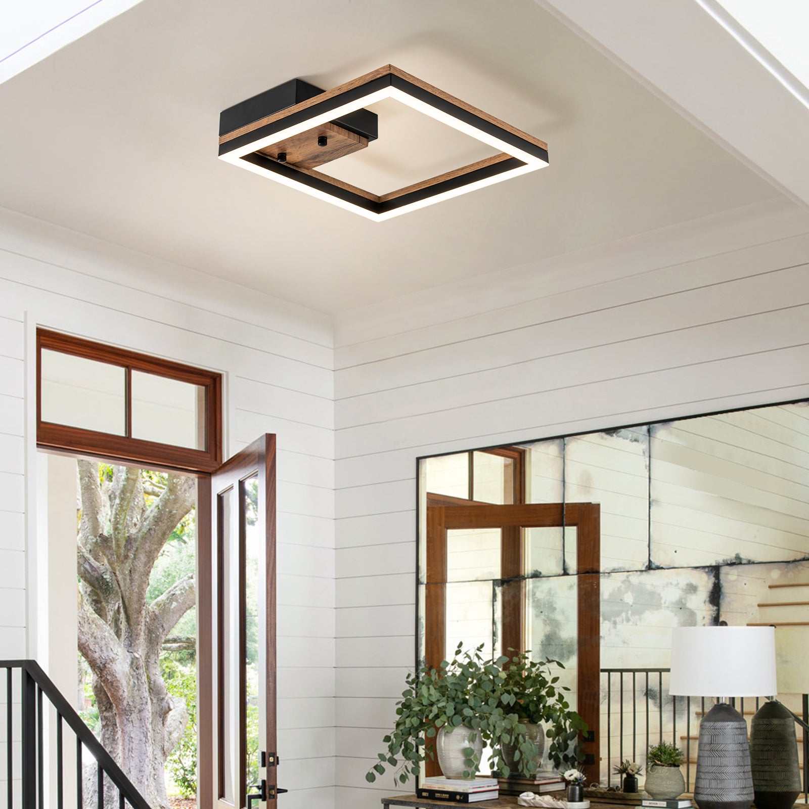 Glowlings 1-Light Farmhouse Square Integrated LED Wood Flush Mount Ceiling Light Hallway Light