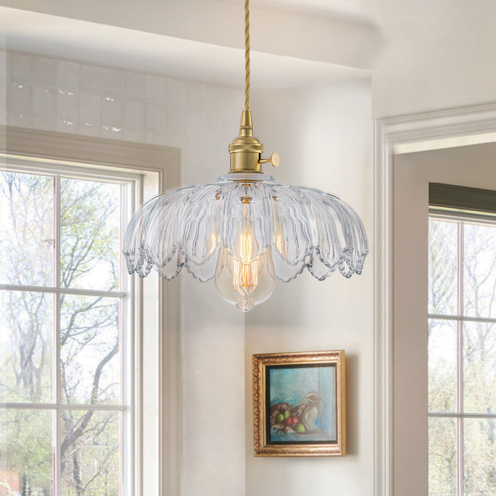 Glowlings 1-Light French Flower Shaped Green/Clear Glass Pendant Light