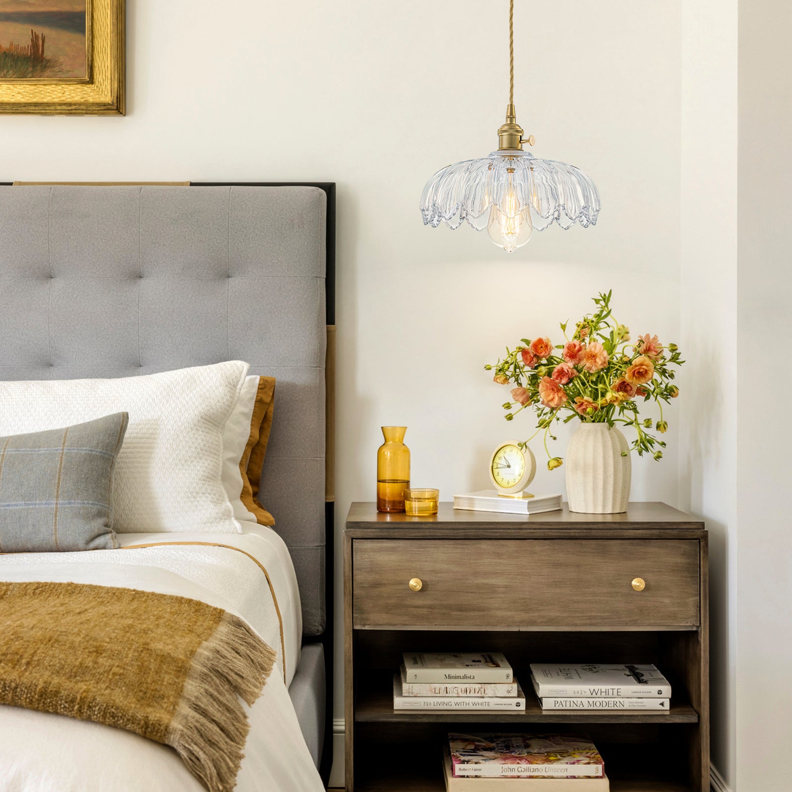 Glowlings 1-Light French Flower Shaped Green/Clear Glass Pendant Light