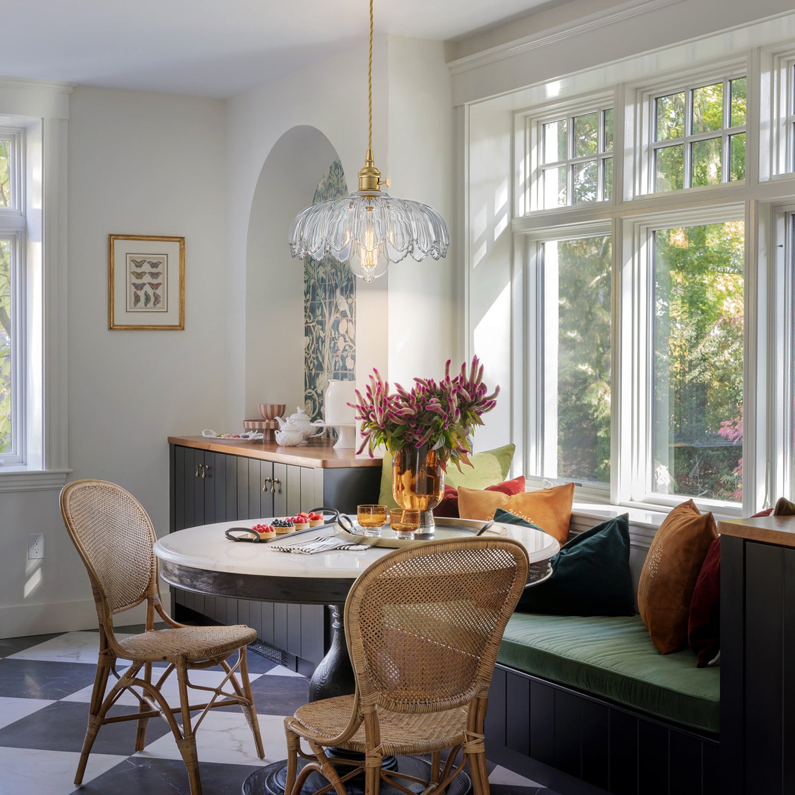 Glowlings 1-Light French Flower Shaped Green/Clear Glass Pendant Light