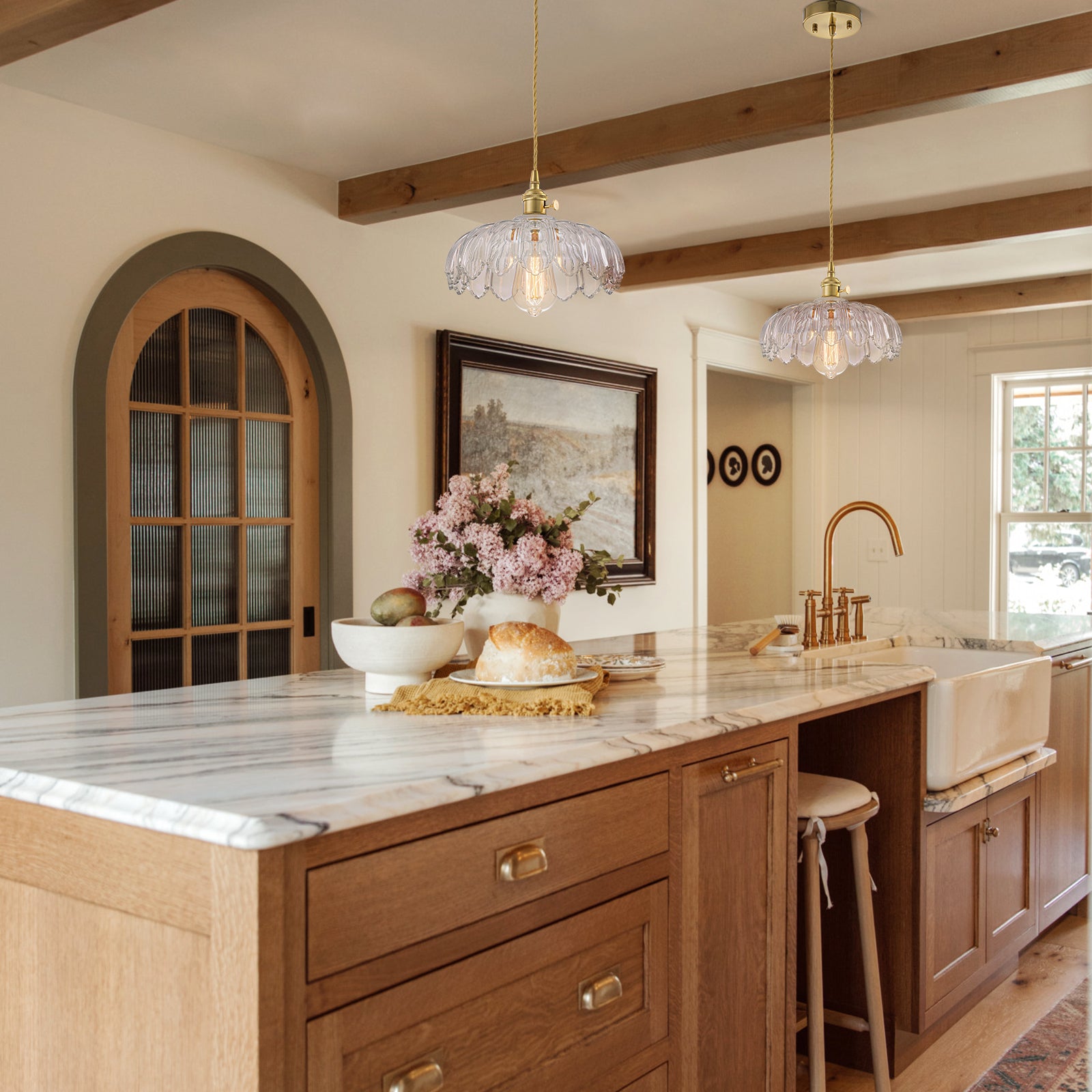 Glowlings 1-Light French Flower Shaped Green/Clear Glass Pendant Light