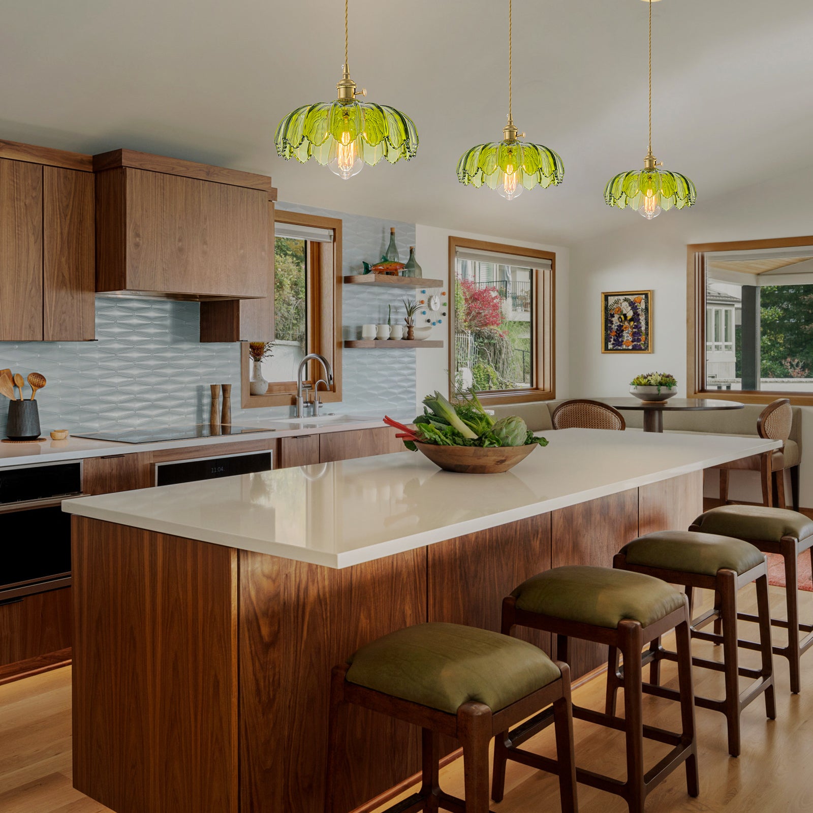 Glowlings 1-Light French Flower Shaped Green/Clear Glass Pendant Light