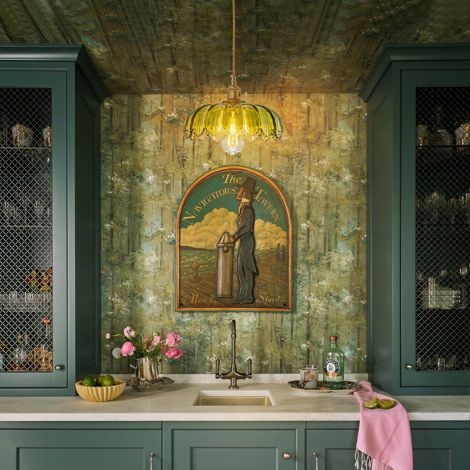 Glowlings 1-Light French Flower Shaped Green/Clear Glass Pendant Light