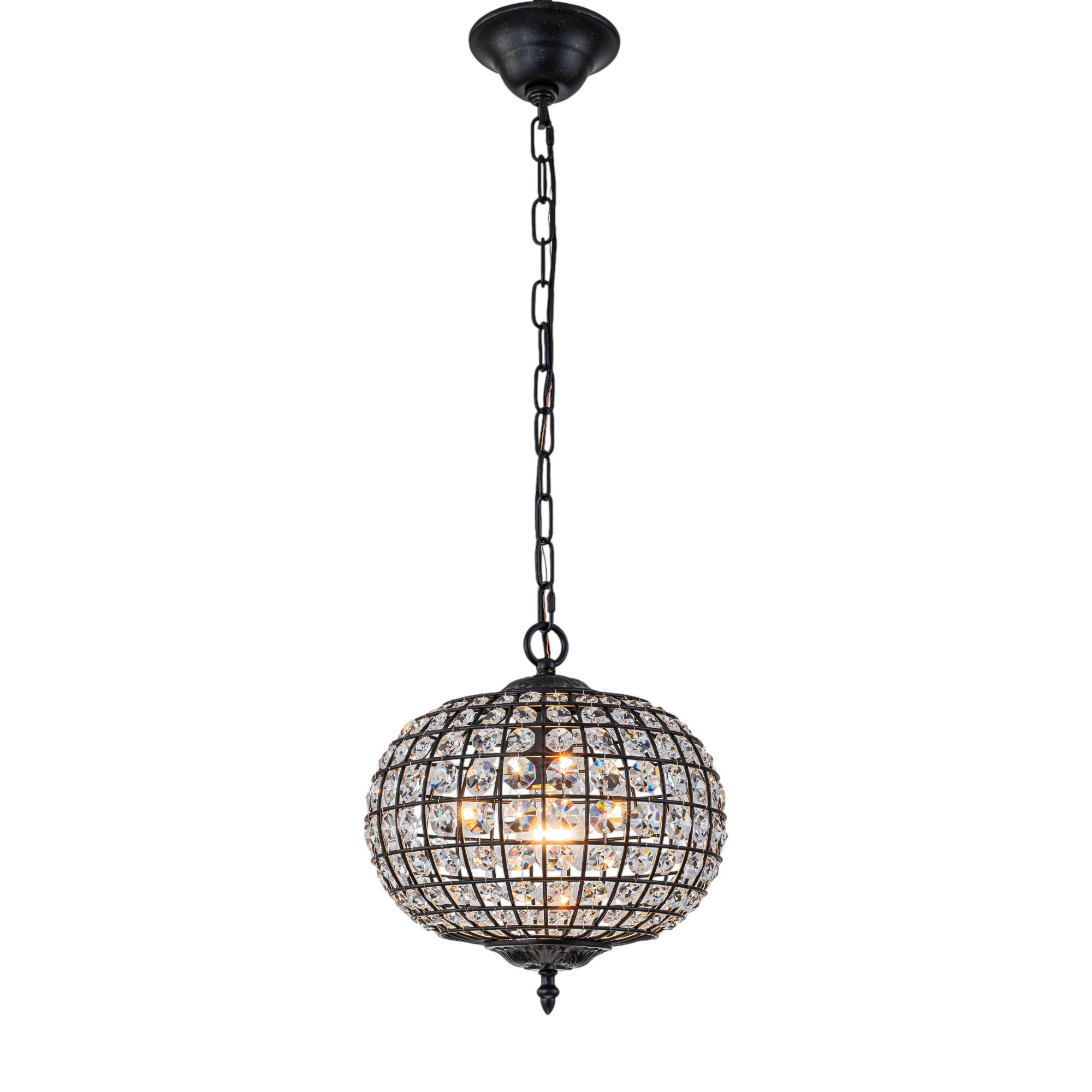 Glowlings 1-Light Vintage 11"Wide Brass/Black Globe Handmade Crystal Chandelier