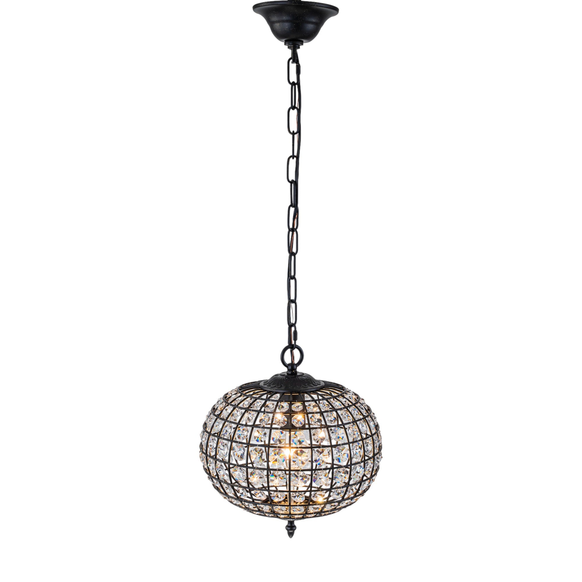 Glowlings 1-Light Vintage 11"Wide Brass/Black Globe Handmade Crystal Chandelier