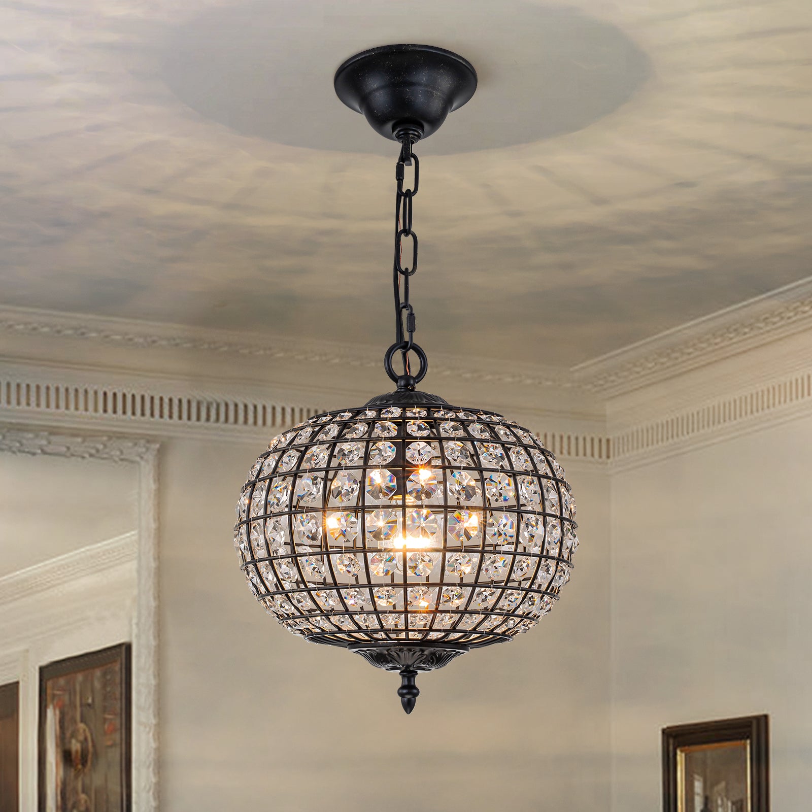Glowlings 1-Light Vintage 11"Wide Brass/Black Globe Handmade Crystal Chandelier
