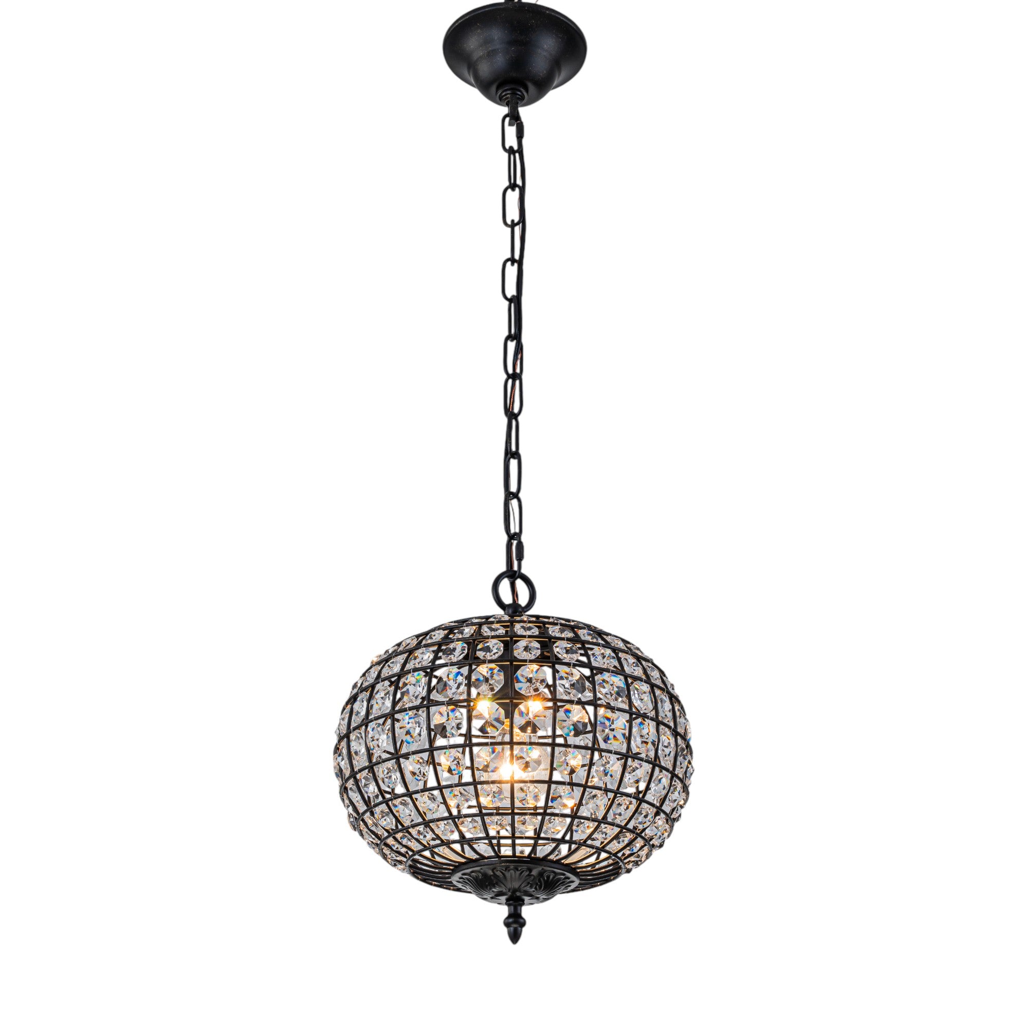 Glowlings 1-Light Vintage 11"Wide Brass/Black Globe Handmade Crystal Chandelier