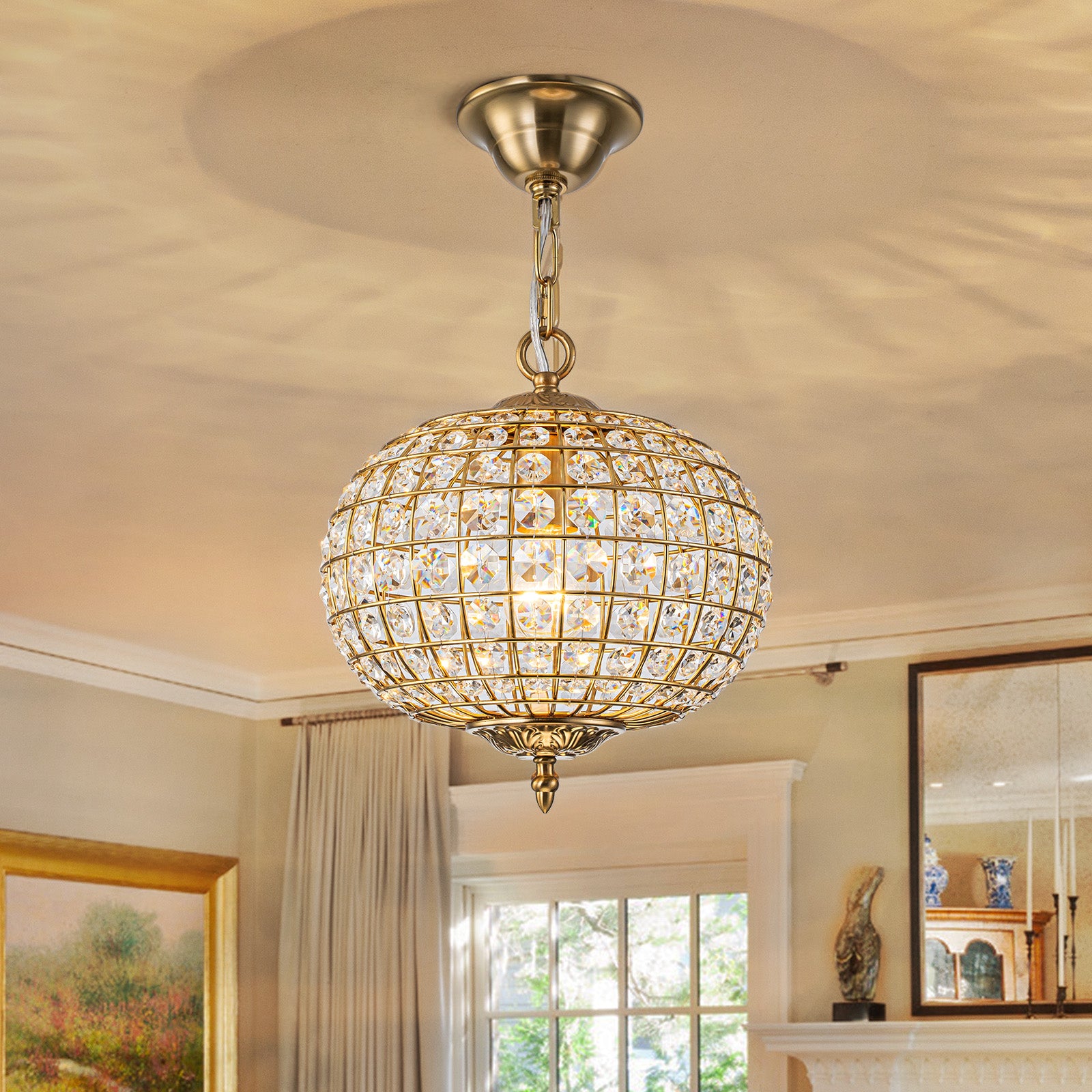 Glowlings 1-Light Vintage 11"Wide Brass/Black Globe Handmade Crystal Chandelier