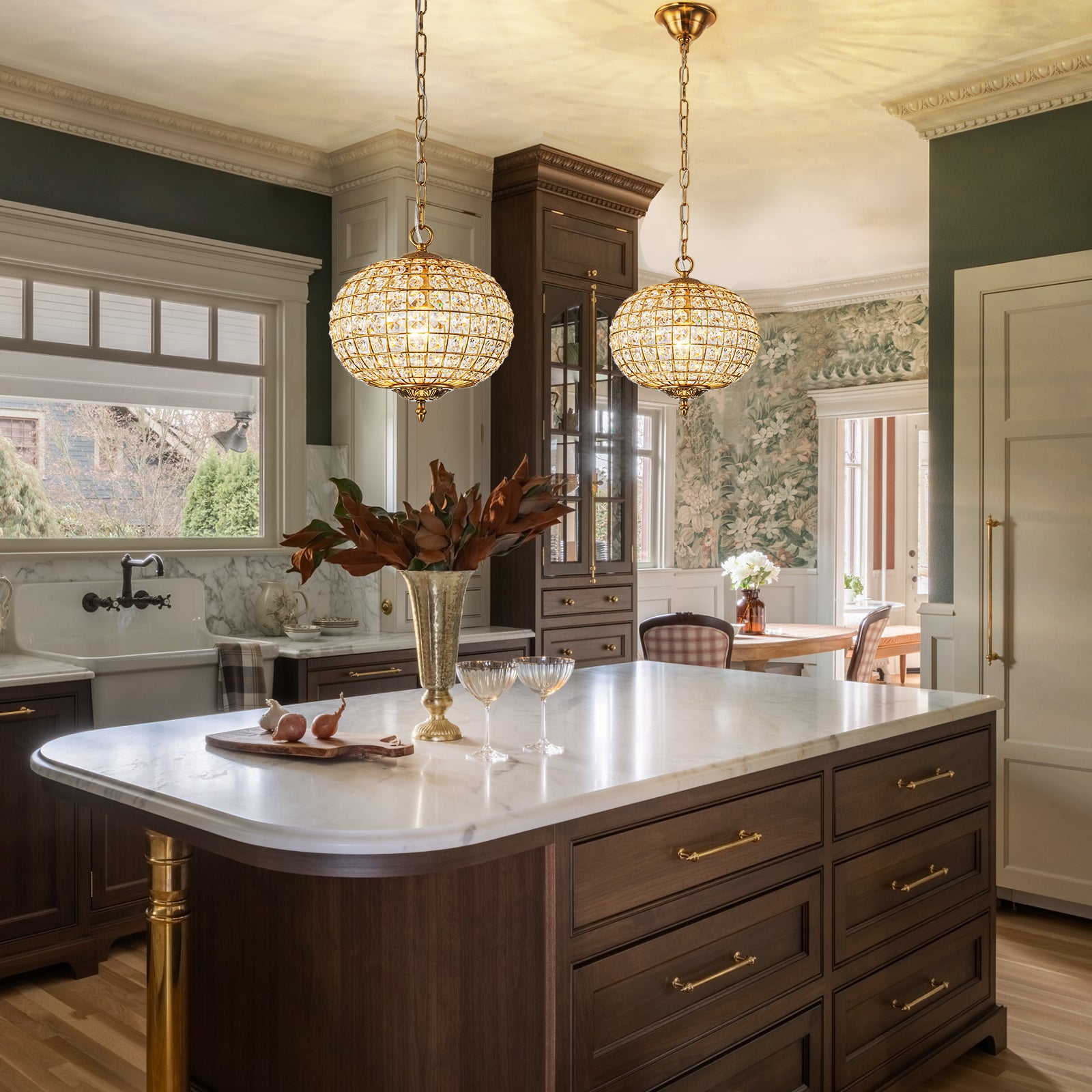 Glowlings 1-Light Vintage 11"Wide Brass/Black Globe Handmade Crystal Chandelier