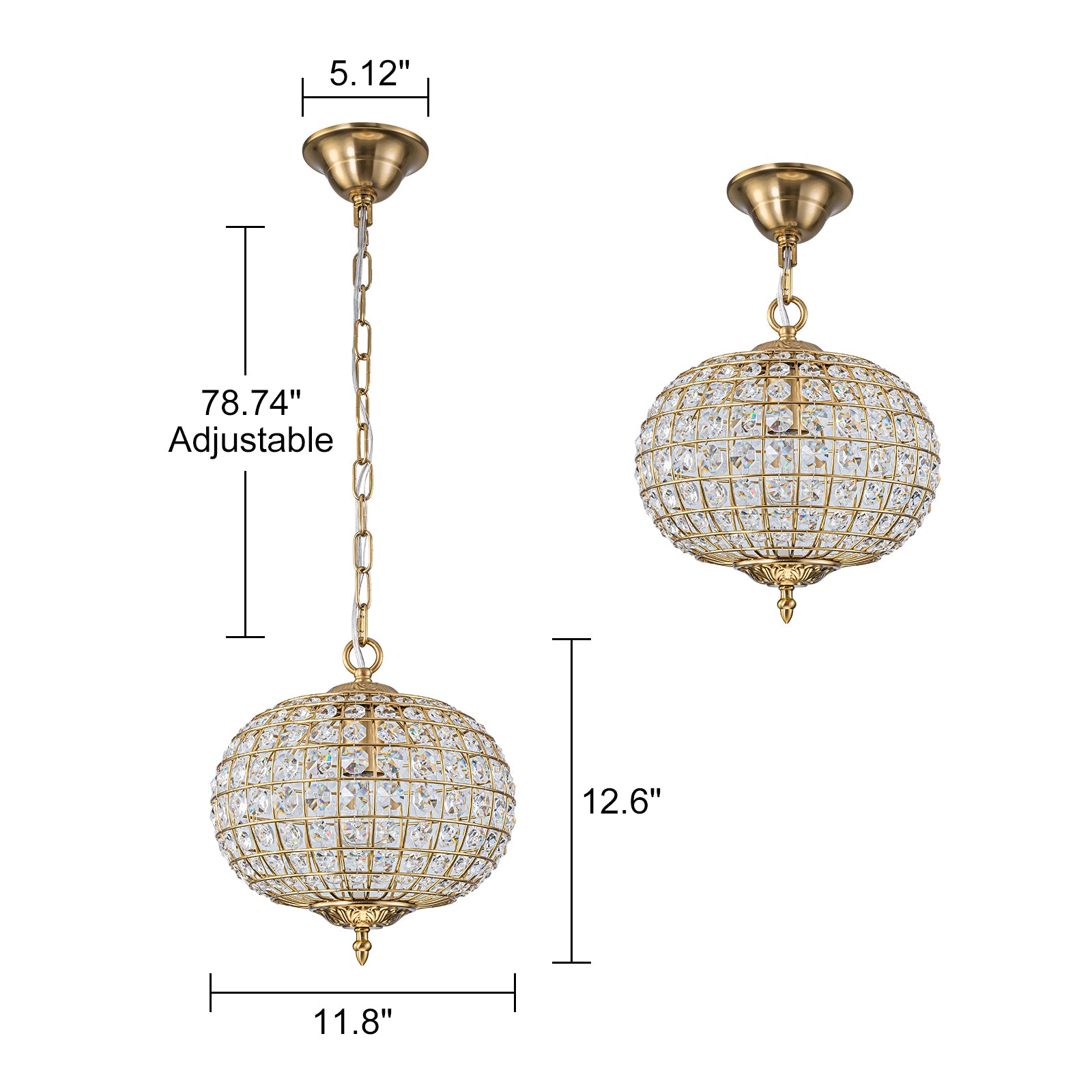 Glowlings 1-Light Vintage 11"Wide Brass/Black Globe Handmade Crystal Chandelier