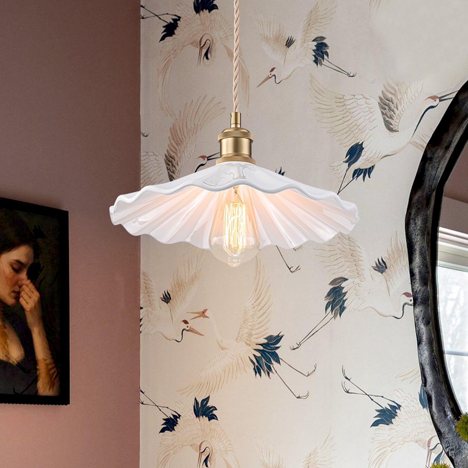 Glowlings 1-Light French Vintage Brass Flower White Ruffled Opal Glass Pendant Light