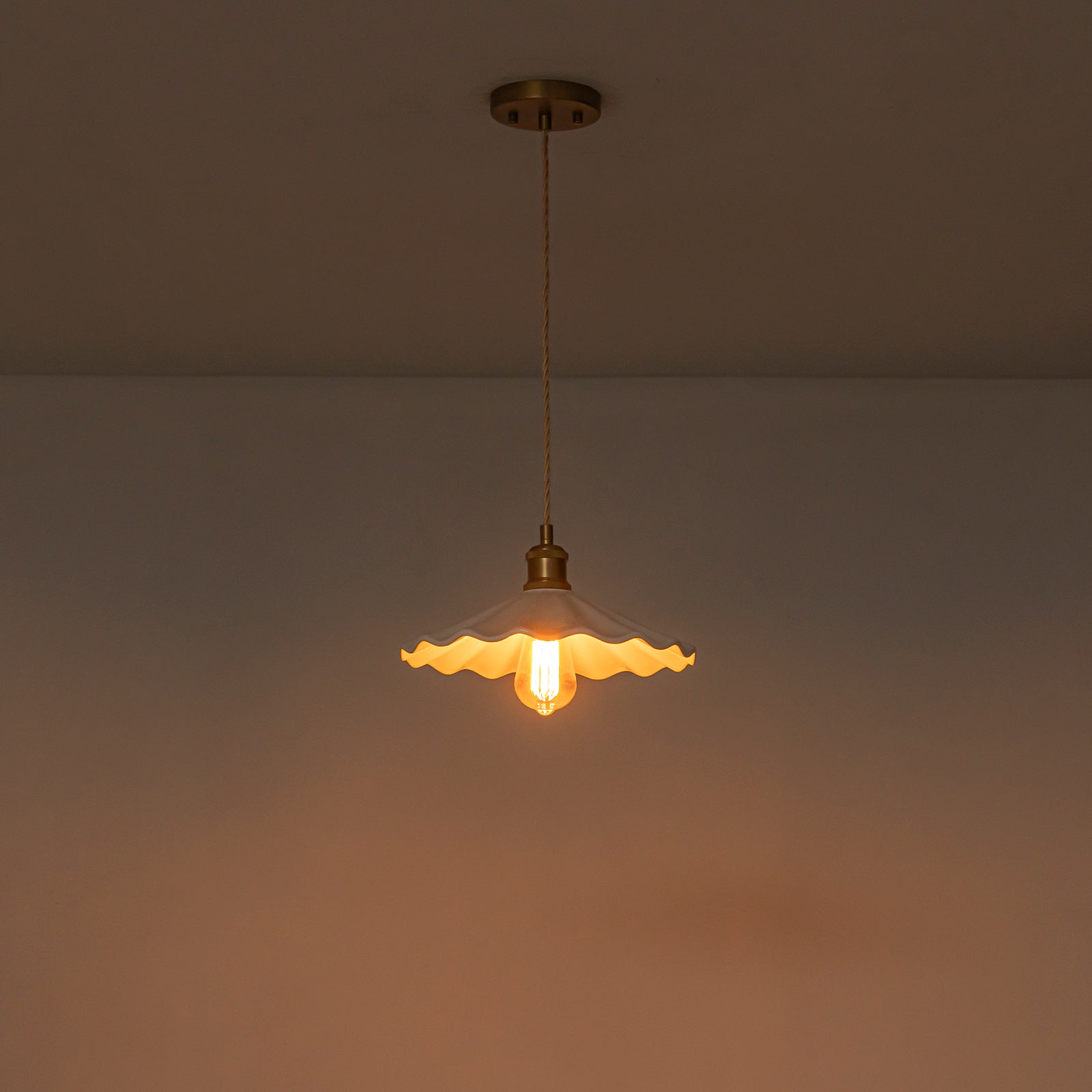 Glowlings 1-Light French Vintage Brass Flower White Ruffled Opal Glass Pendant Light
