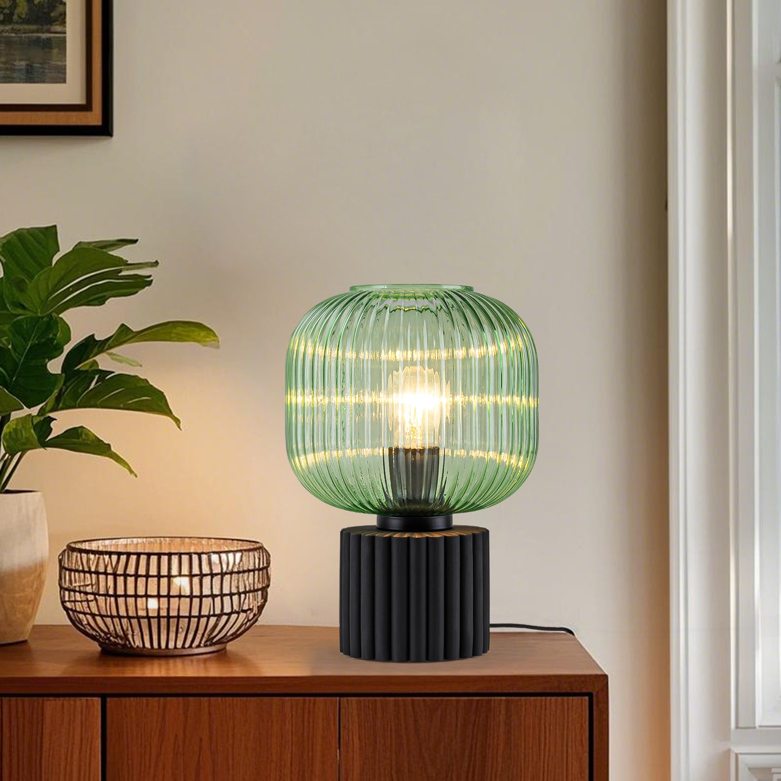 Glowlings 1-Light Modern Green Clear Ribbed Glass Small Side Table Lamp