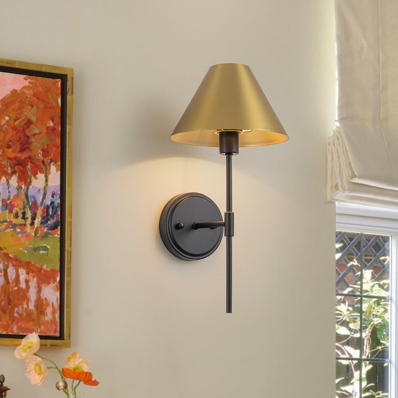 Glowlings 1-Light Industrial Antique Brass Wall Sconce with Metal Cone Shade