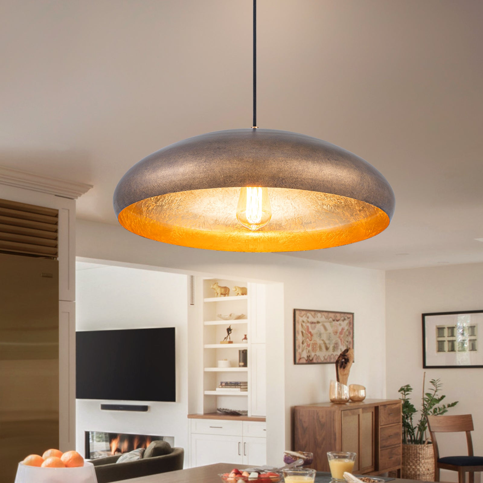 Glowlings 1-Light Industrial 20"Wide Oil Rubbed Bronze/Antique Gold Dome Pendant Light